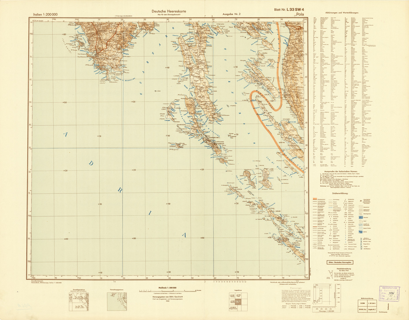 (N:10923) ITALIEN UND GRENZGEBIETE - POLA-BLATT NR. L 33 SW 4 (B0007423) Carte e stampe antiche: riproduzione a colori su carta (formato A1)