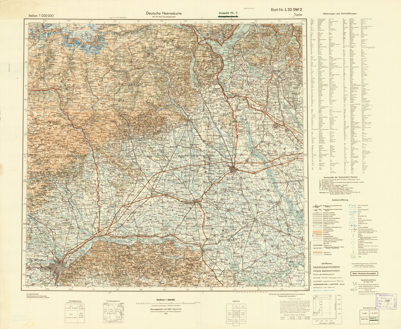 (N:10936) ITALIEN UND GRENZGEBIETE - TURIN NR. L 32 SW 2 (B0007435) Carte e stampe antiche: riproduzione a colori su carta (formato A1)