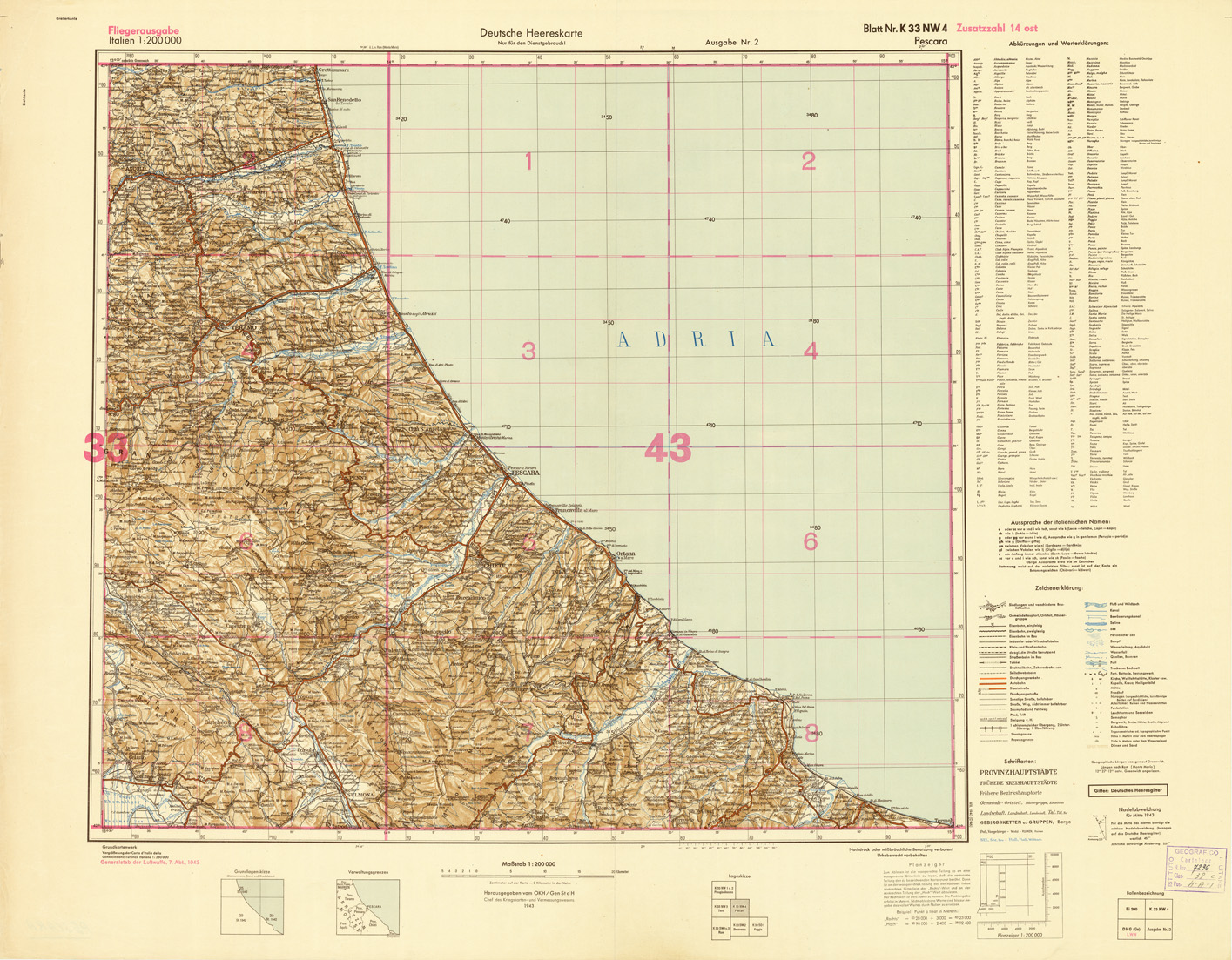 (N:10919) ITALIEN UND GRENZGEBIETE - PESCARA NR. K 33 NW 4 (B0007466) Carte e stampe antiche: riproduzione a colori su carta (formato A1)