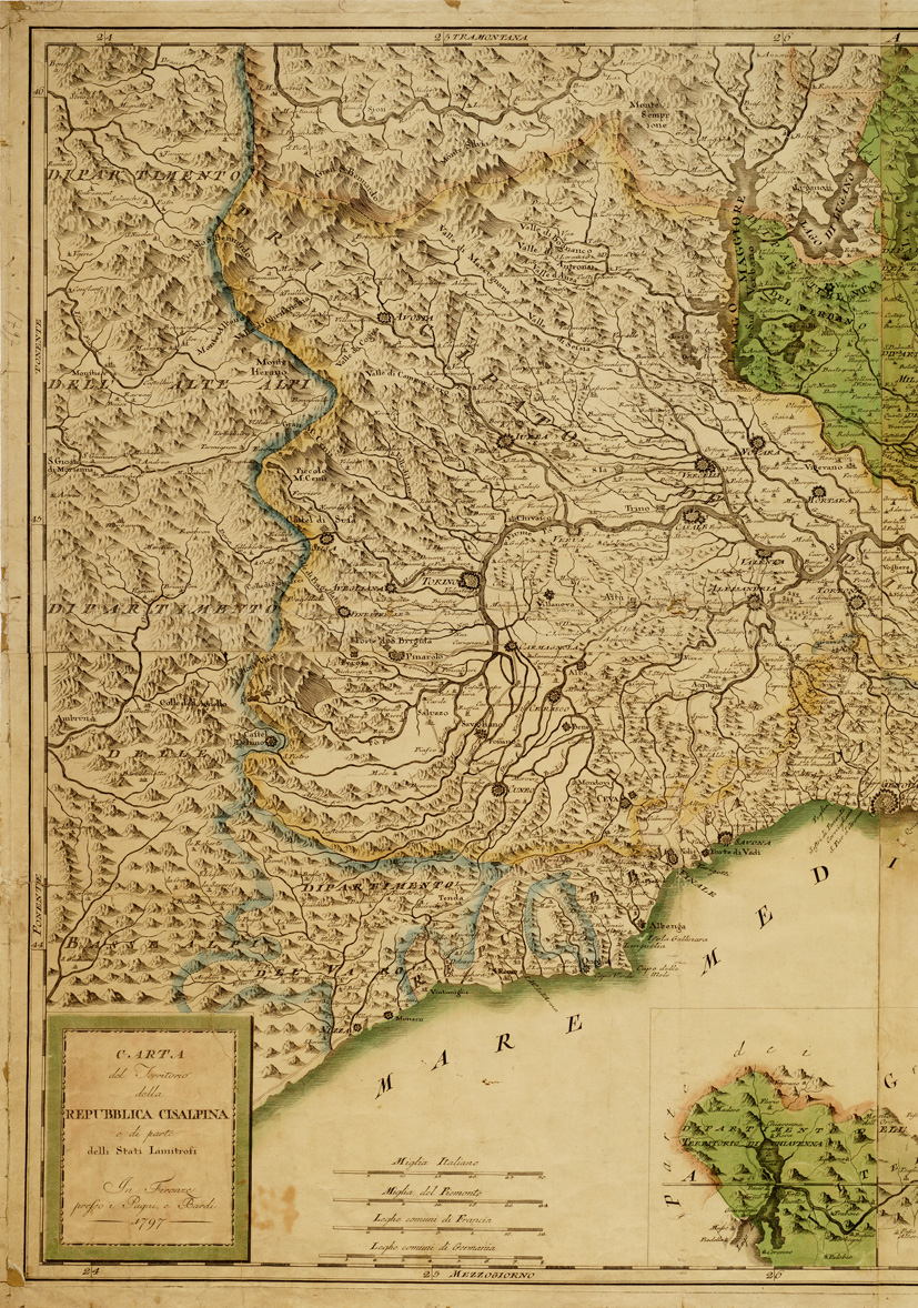(N:3575) CARTA DEL TERRITORIO DELLA REPUBBLICA CISALPINA E DI PARTE DEGLI STATI LIMITROFI IN FIRENZE - PRESSO PAGNI E BARDI
 (B0007468, B0007469, B0007470, B7468-70) Carte e stampe antiche: riproduzione a colori su carta (formato A1)