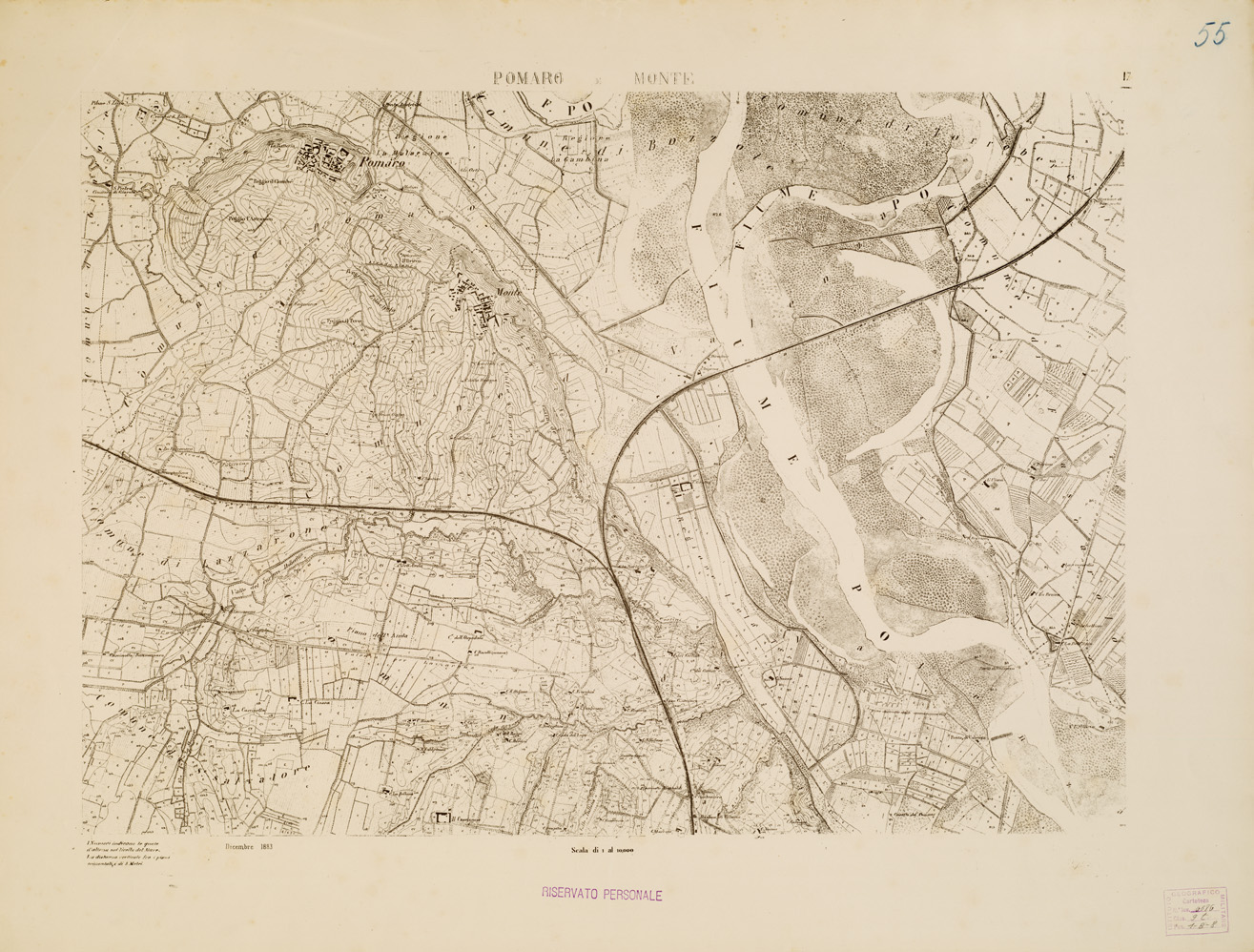 (N:7885) CARTA TOPOGRAFICA DELLA VALLE DEL PO' DA CASALE A PAVIA - Foglio 17 POMARO E MONTE (B0007660) Carte e stampe antiche: riproduzione a colori su carta (formato A1)