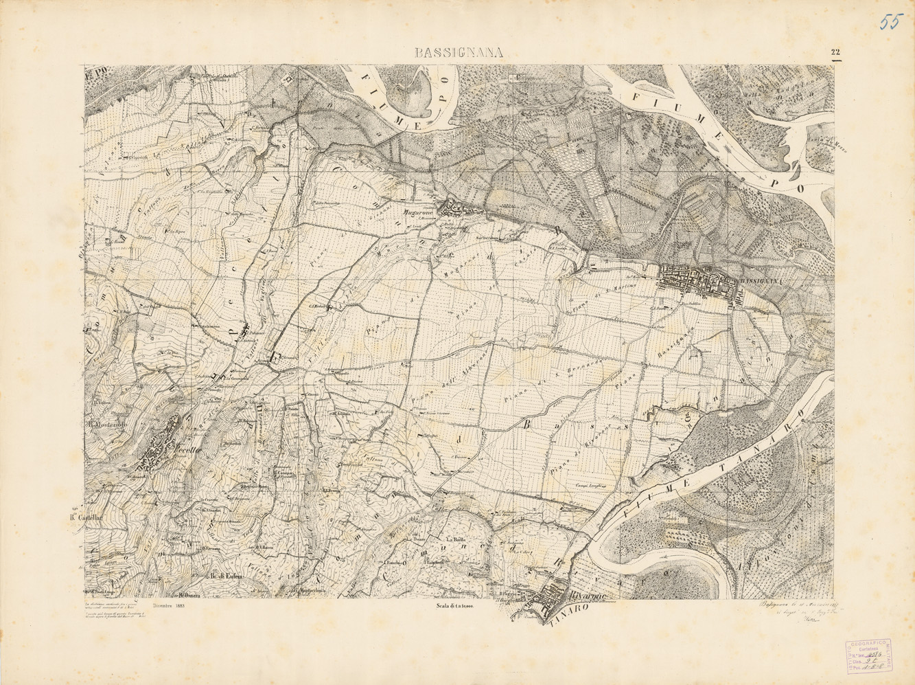 (N:7891) CARTA TOPOGRAFICA DELLA VALLE DEL PO' DA CASALE A PAVIA - Foglio 22 BASSIGNANA (B0007665) Carte e stampe antiche: riproduzione a colori su carta (formato A1)