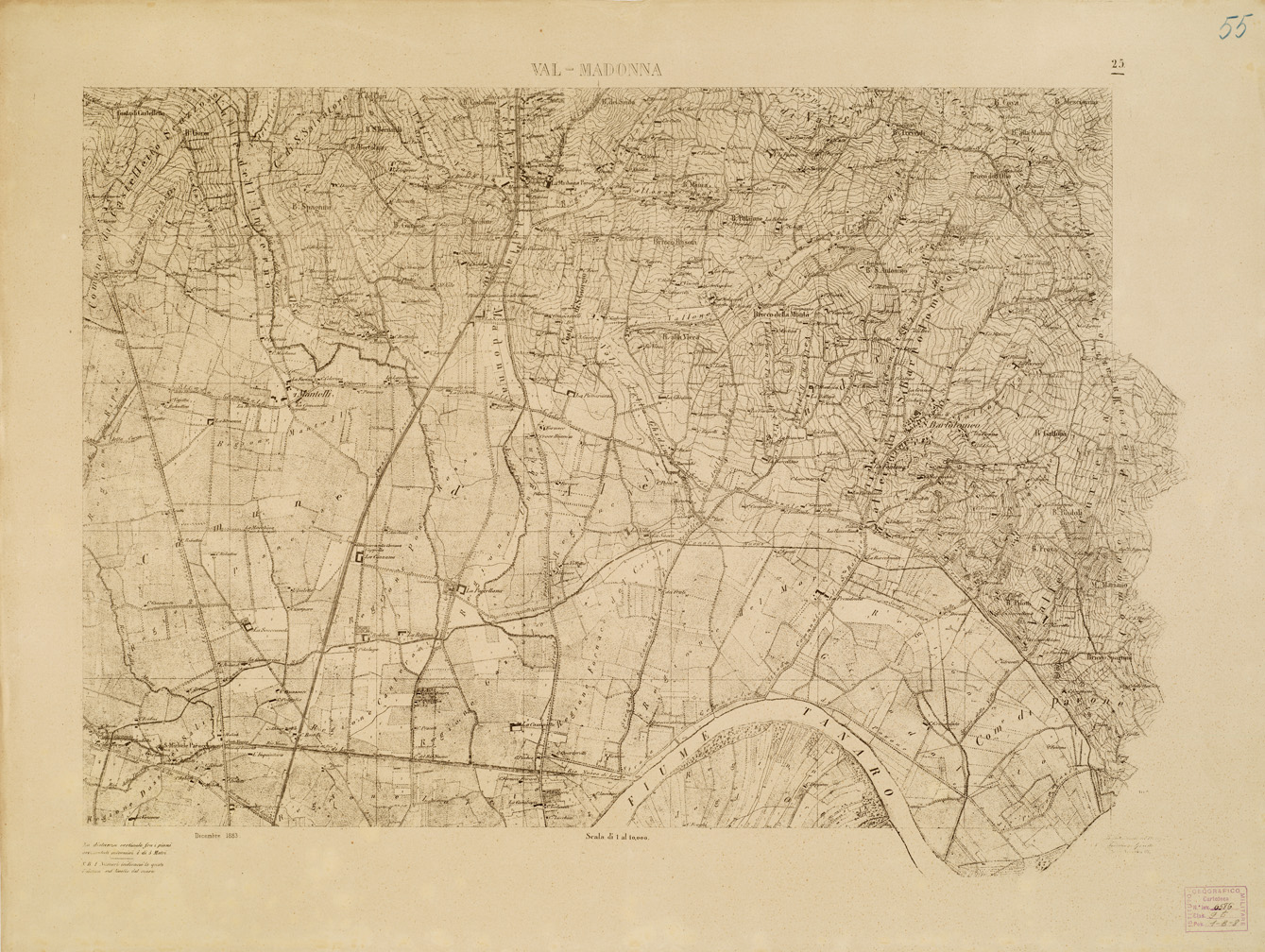 (N:7894) CARTA TOPOGRAFICA DELLA VALLE DEL PO' DA CASALE A PAVIA - Foglio 25 VAL MADONNA (B0007668) Carte e stampe antiche: riproduzione a colori su carta (formato A1)