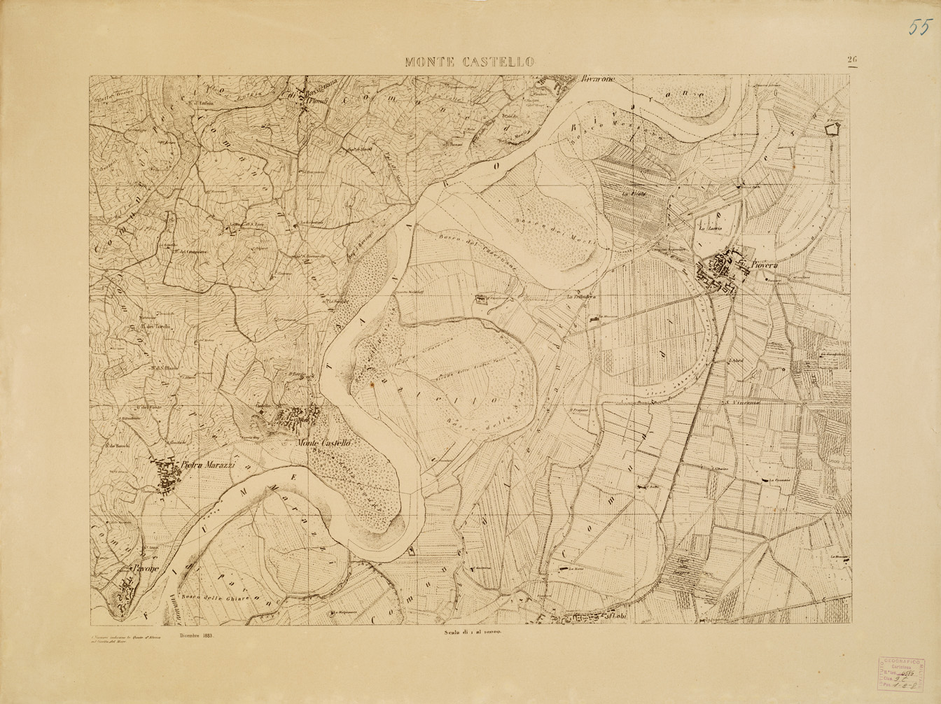 (N:7895) CARTA TOPOGRAFICA DELLA VALLE DEL PO' DA CASALE A PAVIA - Foglio 26 MONTE CASTELLO (B0007669) Carte e stampe antiche: riproduzione a colori su carta (formato A1)