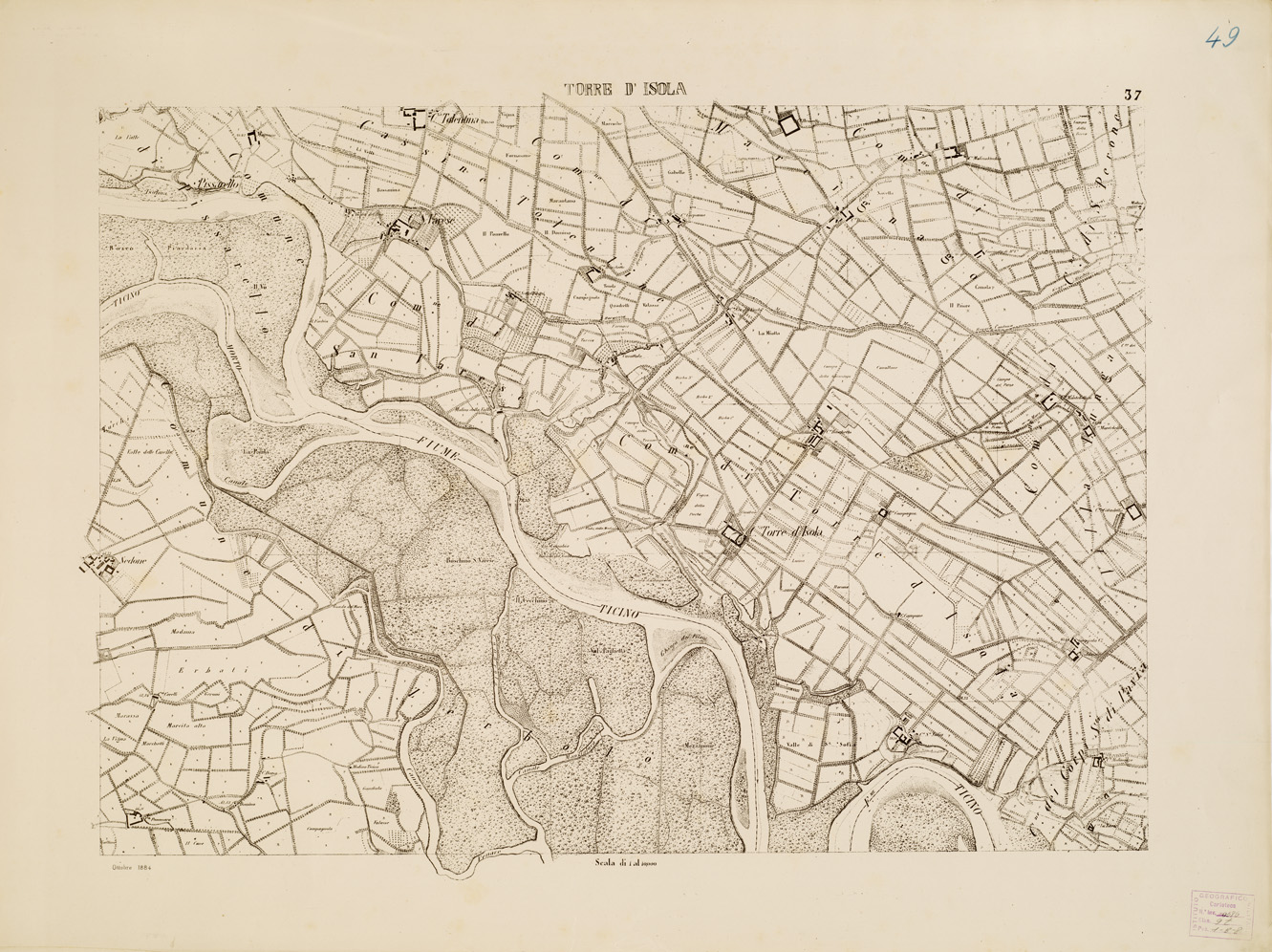 (N:7907) CARTA TOPOGRAFICA DELLA VALLE DEL PO' DA CASALE A PAVIA - Foglio 37 TORRE D'ISOLA (B0007680) Carte e stampe antiche: riproduzione a colori su carta (formato A1)