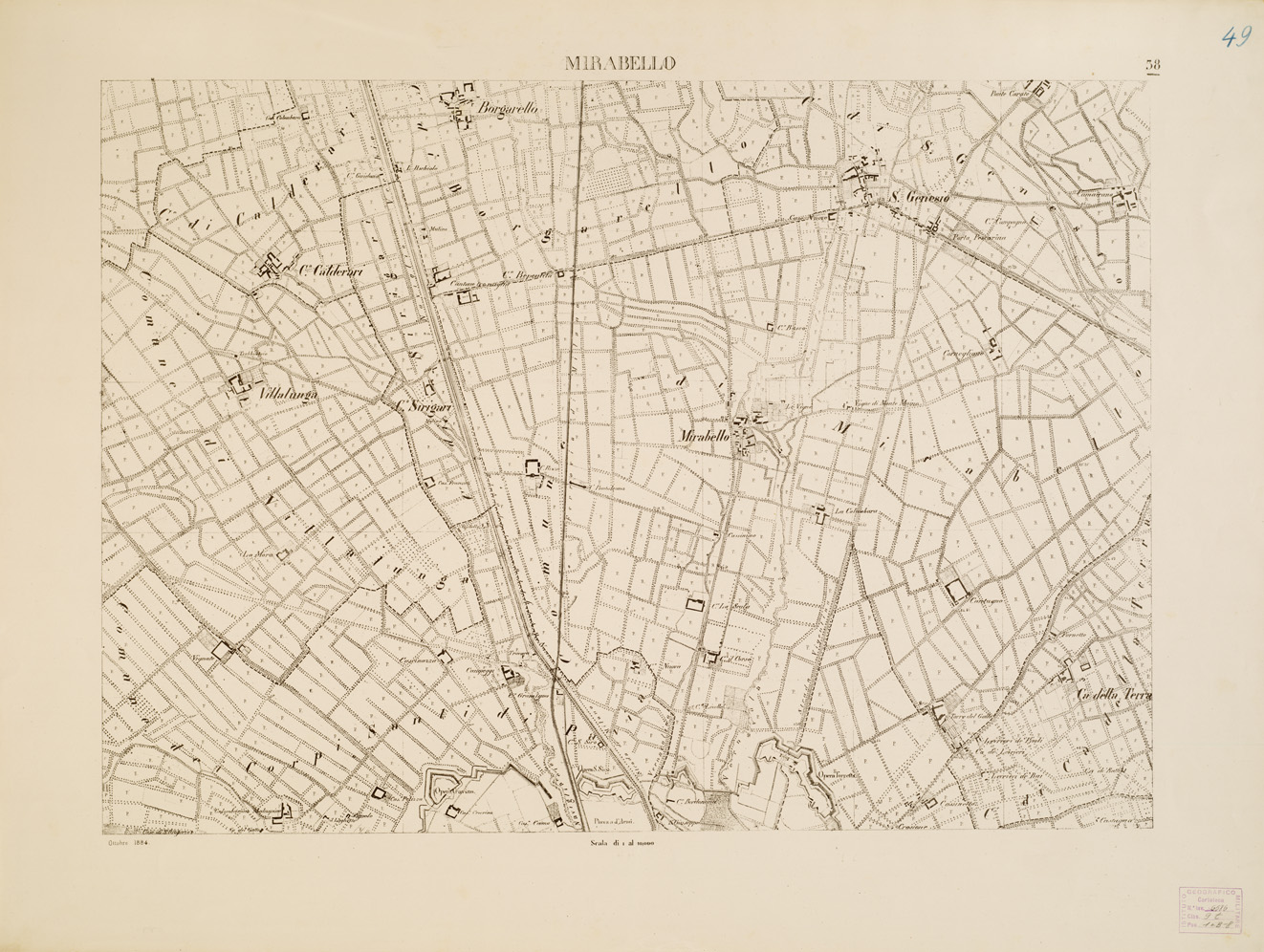 (N:7908) CARTA TOPOGRAFICA DELLA VALLE DEL PO' DA CASALE A PAVIA - Foglio 38 MIRABELLO (B0007681) Carte e stampe antiche: riproduzione a colori su carta (formato A1)