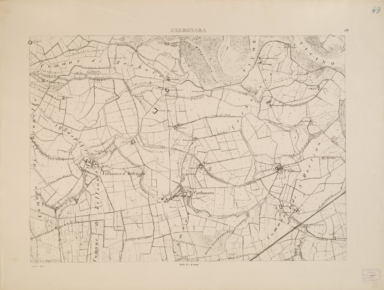 (N:7911) CARTA TOPOGRAFICA DELLA VALLE DEL PO' DA CASALE A PAVIA - Foglio 40 CARBONARA (B0007683) Carte e stampe antiche: riproduzione a colori su carta (formato A1)