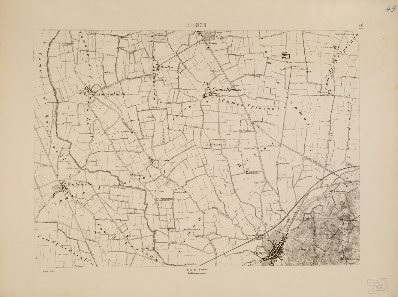 (N:7917) CARTA TOPOGRAFICA DELLA VALLE DEL PO' DA CASALE A PAVIA - Foglio 46 BRONI (B0007689) Carte e stampe antiche: riproduzione a colori su carta (formato A1)