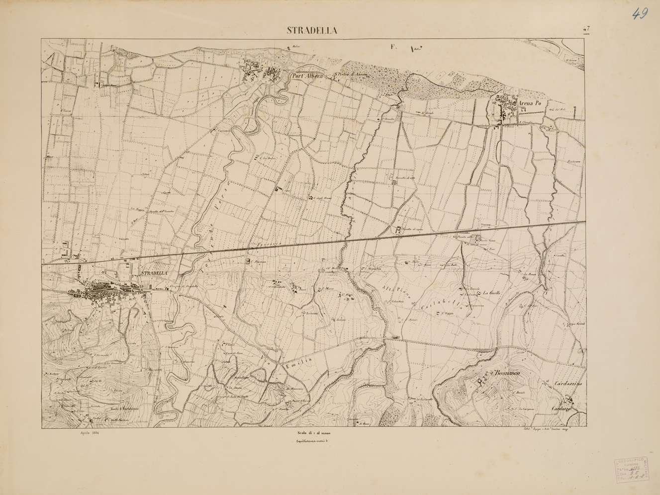 (N:7918) CARTA TOPOGRAFICA DELLA VALLE DEL PO' DA CASALE A PAVIA - Foglio 47 STRADELLA (B0007690) Carte e stampe antiche: riproduzione a colori su carta (formato A1)