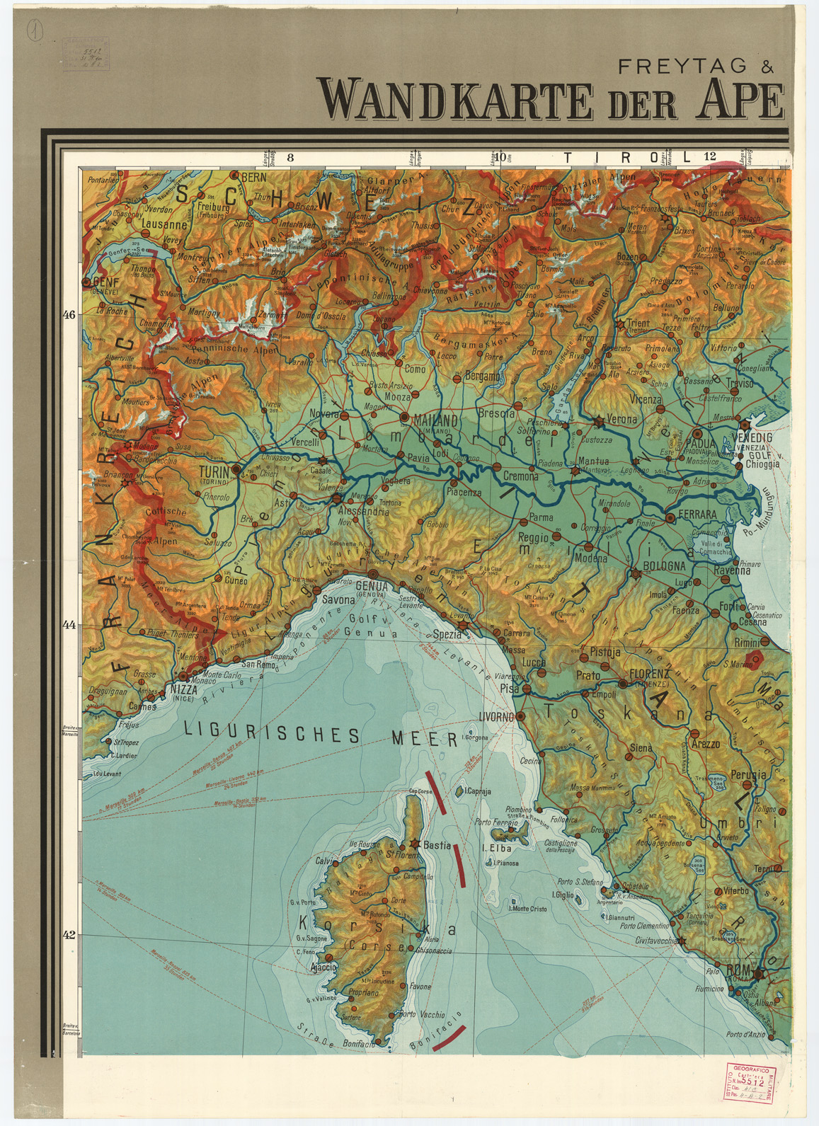 (N:13371) WANDERKARTE DER APENNINEN HALBINSEL (B0007727) Carte e stampe antiche: riproduzione a colori su carta (formato A1)