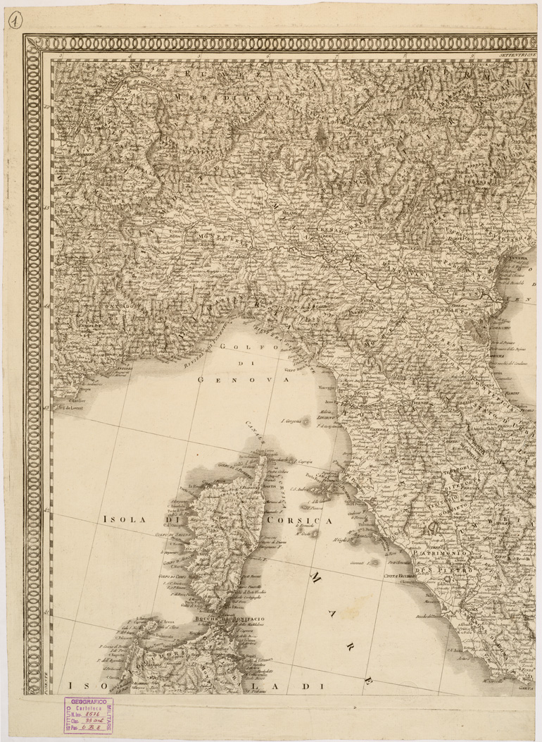 (N:11152) L'ITALIA DI GIO. ANTONIO RIZZI-ZANNONI IN QUATTRO FOGLI IMPERIALI CON L'AGGIUNTA DEI LUOGHI E LE STRADE POSTALI - Foglio 1 (B0007893) Carte e stampe antiche: riproduzione a colori su carta (formato A1)