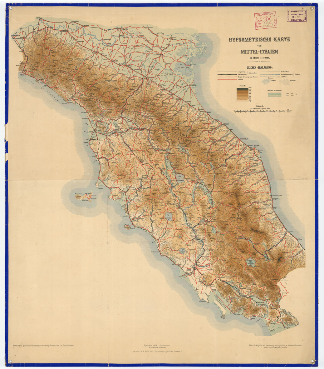 (N:10525) HIPSOMETRISCHE KARTE VON MITTEL - ITALIEN - CARTA IPOSOMETRICA DELLITALIA CENTRALE (B0008050) Carte e stampe antiche: riproduzione a colori su carta (formato A1)