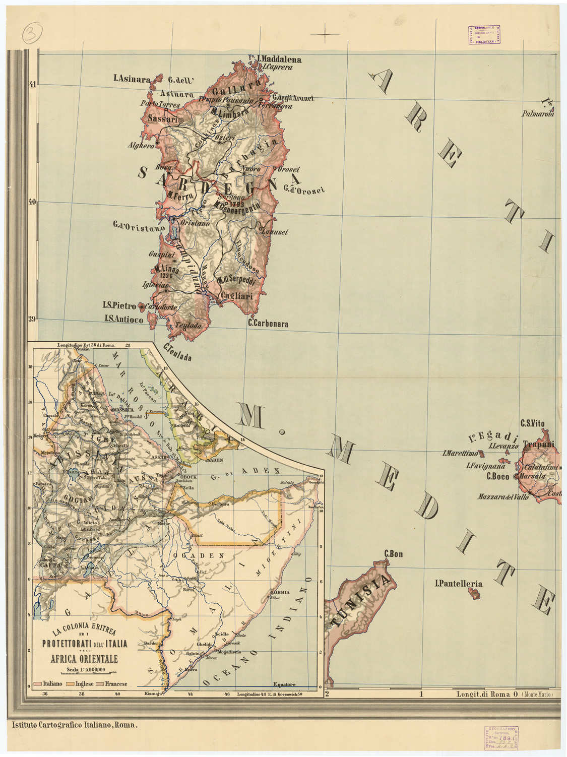 (N:4535) CARTA POLITICA D'ITALIA PUBBLICATA DALL'ISTITUTO CARTOGRAFICO ITALIANO COL PATROCINIO DEL COMUNE DI ROMA MDCCCXCIX. - Foglio 3 (B0008063) Carte e stampe antiche: riproduzione a colori su carta (formato A1)