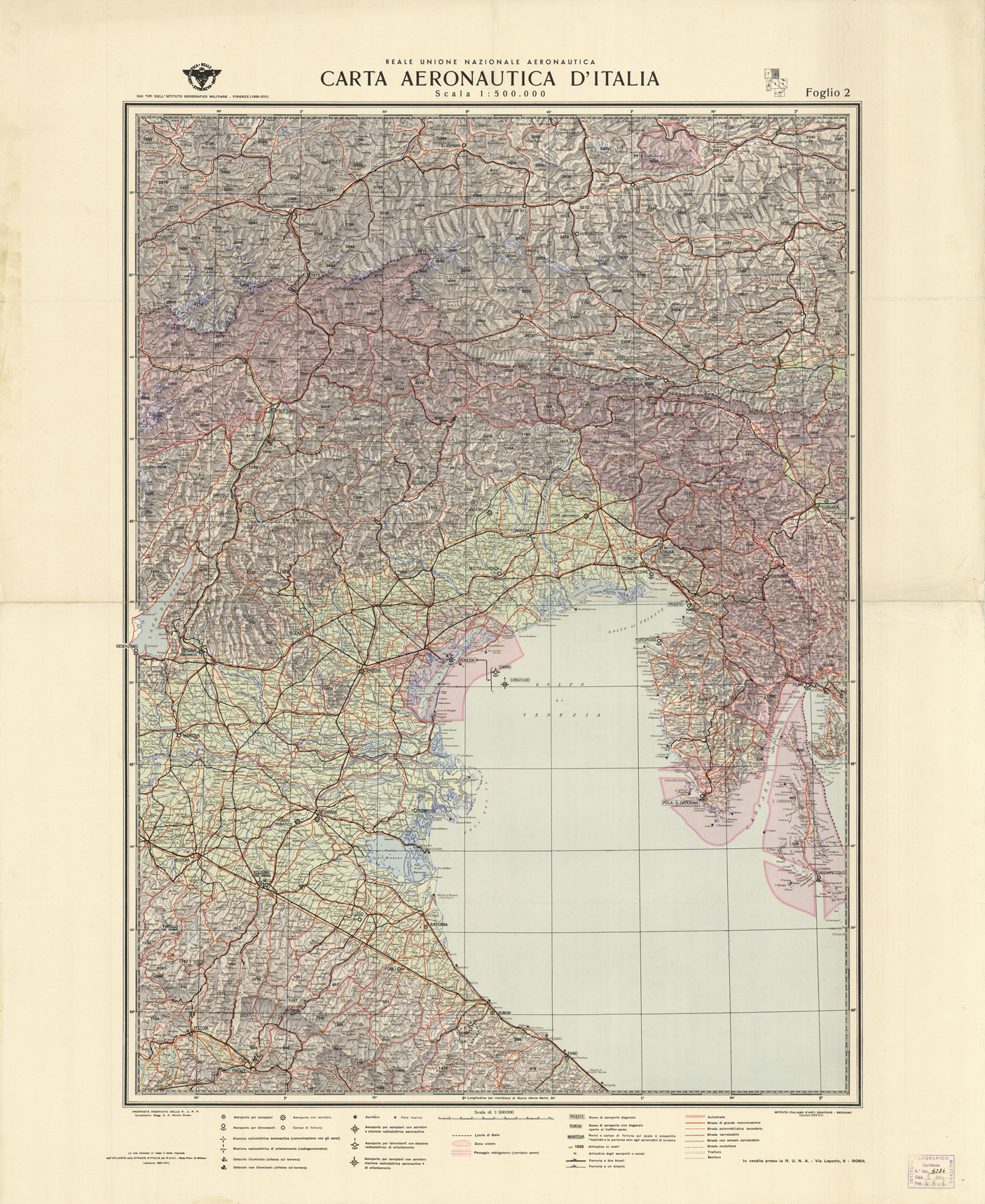 (N:682) CARTA AERONAUTICA D'ITALIA - Foglio 2 (B0008070) Carte e stampe antiche: riproduzione a colori su carta (formato A1)