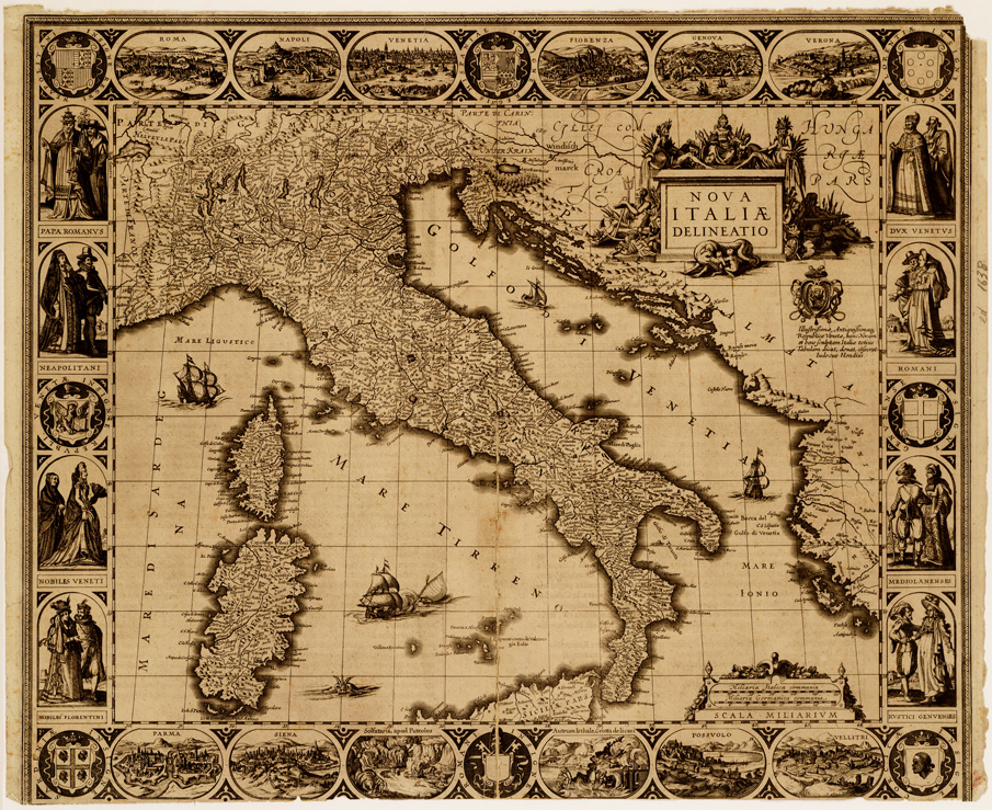 (N:12976) QUATTRO CARTE DELL'ITALIA DELL'ATLANTE DI JUDOCUS HONDIUS. NOVA ITALIA DELINEATIO - Tavola 4 (B0008266) Carte e stampe antiche: riproduzione a colori su carta (formato A1)