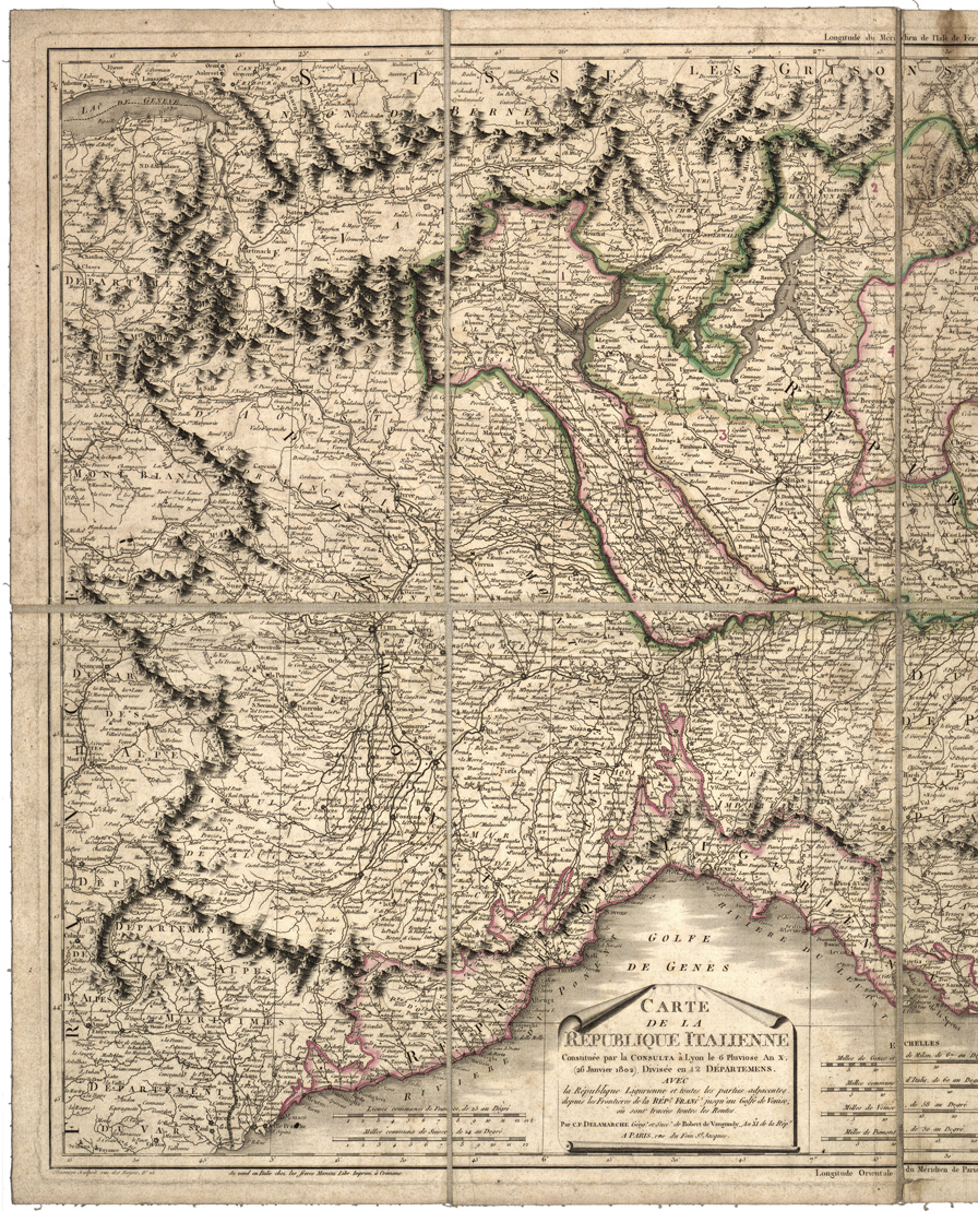 (N:8478) CARTE DE LA REPUBLIQUE ITALIENNE CONSTITUEE PAR LA CONSULTA A LYON LE 6 PLUVIOSE AN X (26 JANVIER 1802). (B0008383, B0008384, B8383-84) Carte e stampe antiche: riproduzione a colori su carta (formato A1)