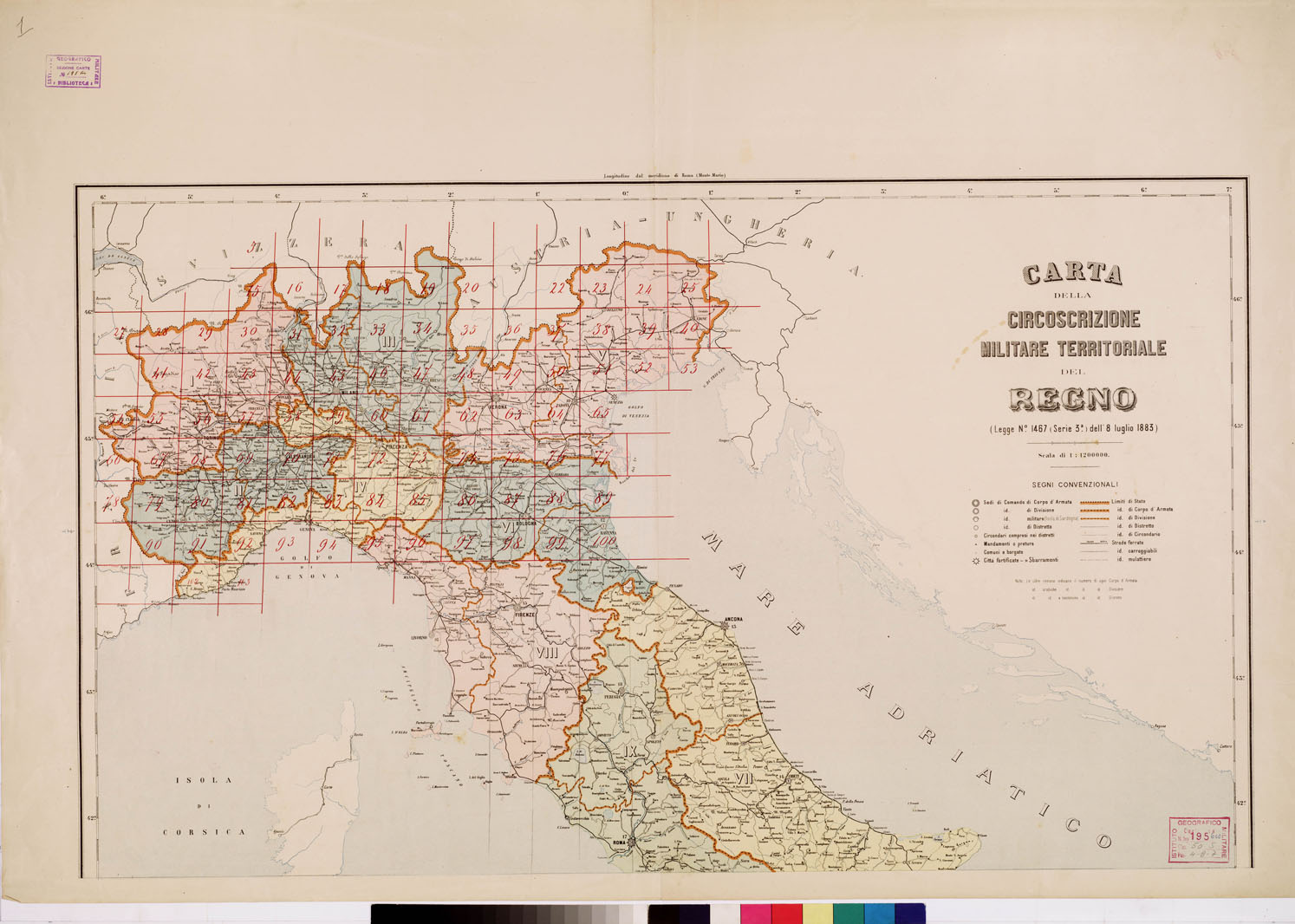 (N:2738) CARTA DELLA CIRCOSCRIZIONE MILITARE TERRITORIALE DEL REGNO (LEGGE 1883) - Foglio 1 (B0008494) Carte e stampe antiche: riproduzione a colori su carta (formato A1)