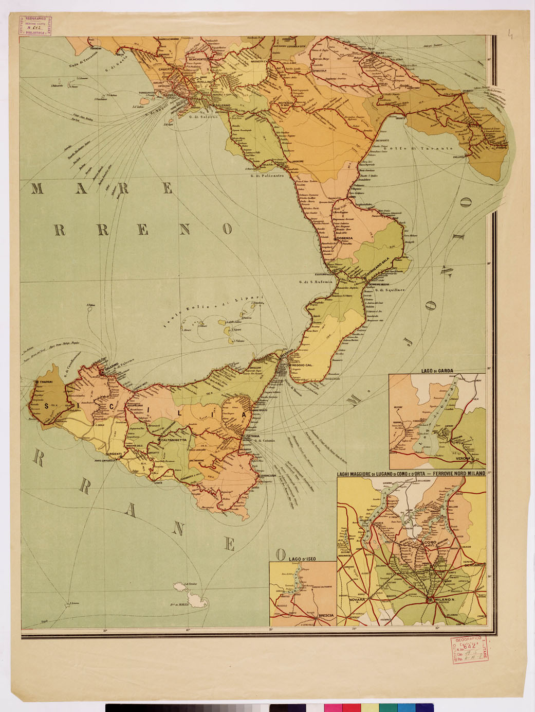 (N:16392) STRADE FERRATE ITALIANE IN ESERCIZIO IN COSTRUZIONE ED IN PROGETTO CON INDICAZIONE A COLORI DELLE DIVERSE PROVINCIE E DI TUTTE LE STAZIONI - Foglio 4 (B0008519) Carte e stampe antiche: riproduzione a colori su carta (formato A1)