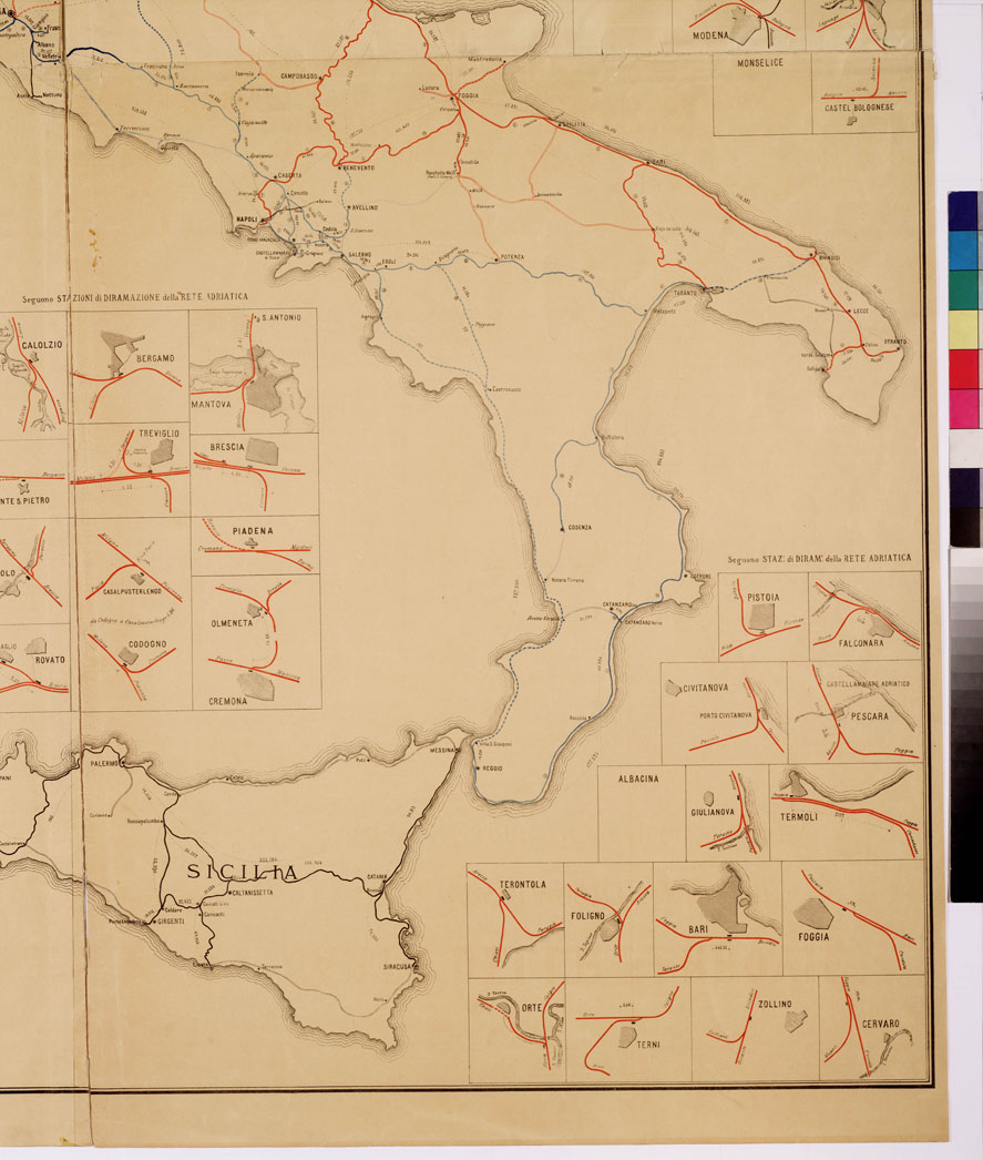 (N:3791) CARTA DELLE FERROVIE DELL'ITALIA CONTINENTALE DIVISA NELLE RETI ADRIATICA E MEDITERRANEA LE STRADE AUTOMOBILISTICHE E LE LINEE FERROVIARIE ITALIANE (B0008527, B0008528, B0008529, B0008530, B8527-30) Carte e stampe antiche: riproduzione a colori su carta (formato A1)