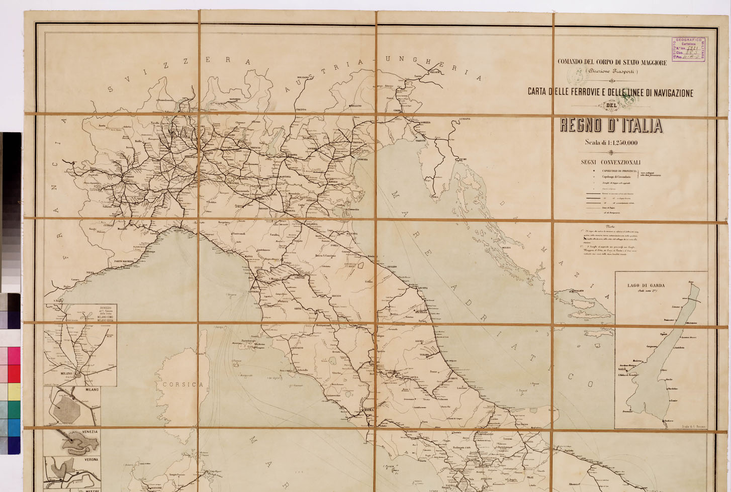 (N:3796) CARTA DELLE FERROVIE E DELLE LINEE DI NAVIGAZIONE DEL REGNO D'ITALIA (B0008533, B0008534, B8533-34) Carte e stampe antiche: riproduzione a colori su carta (formato A1)