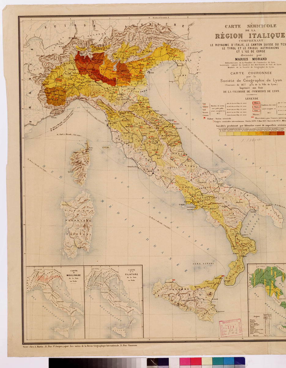 (N:8623) CARTE SERICICOLE DE LA REGION ITALIQUE COMPRENANT LE ROYAUME D'ITALIE, LE CANTON SUISSE DU TESSIN LE TYROL ET LE FRIOUL AUTRICHIENS ET L'ILE DE CORSE. DRESSEE PAR MARIUS MORAND. (B0008704, B0008705, B8704-05) Carte e stampe antiche: riproduzione a colori su carta (formato A1)
