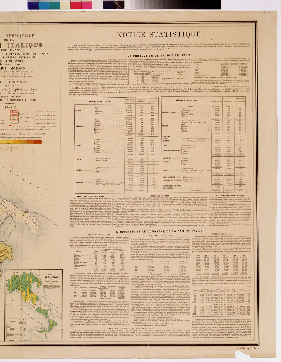 (N:8623) CARTE SERICICOLE DE LA REGION ITALIQUE COMPRENANT LE ROYAUME D'ITALIE, LE CANTON SUISSE DU TESSIN LE TYROL ET LE FRIOUL AUTRICHIENS ET L'ILE DE CORSE. DRESSEE PAR MARIUS MORAND. (B0008704, B0008705, B8704-05) Carte e stampe antiche: riproduzione a colori su carta (formato A1)