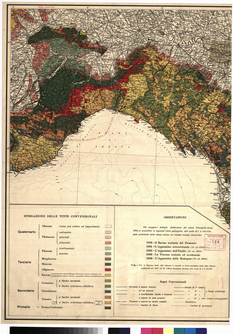 (N:11136) L'APPENNINO SETTENTRIONALE E CENTRALE CARTA GEOLOGICA DI FEDERICO SACCO - Tavola 1 (B0008736) Carte e stampe antiche: riproduzione a colori su carta (formato A1)
