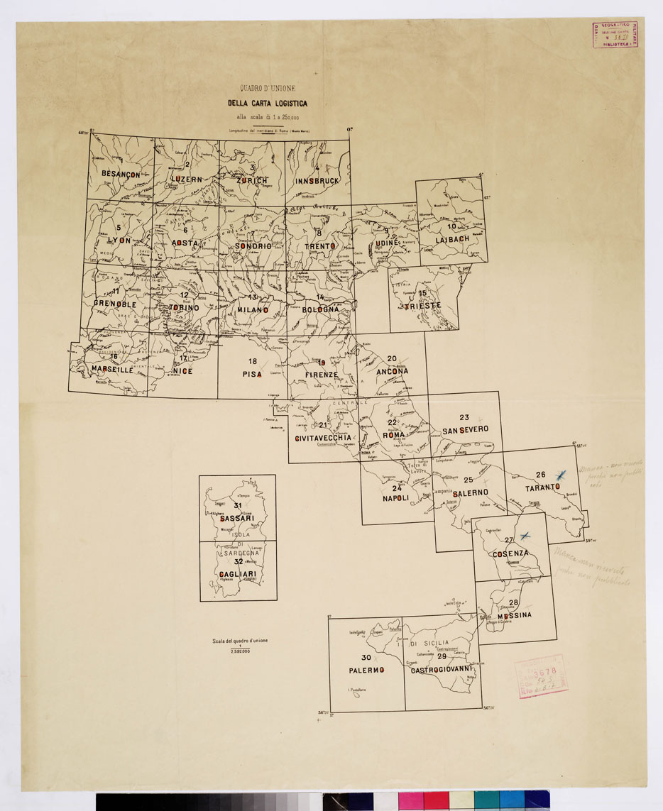 (N:17989) CARTA LOGISTICA D'ITALIA - Quadro d'Unione (B0009040) Carte e stampe antiche: riproduzione a colori su carta (formato A1)