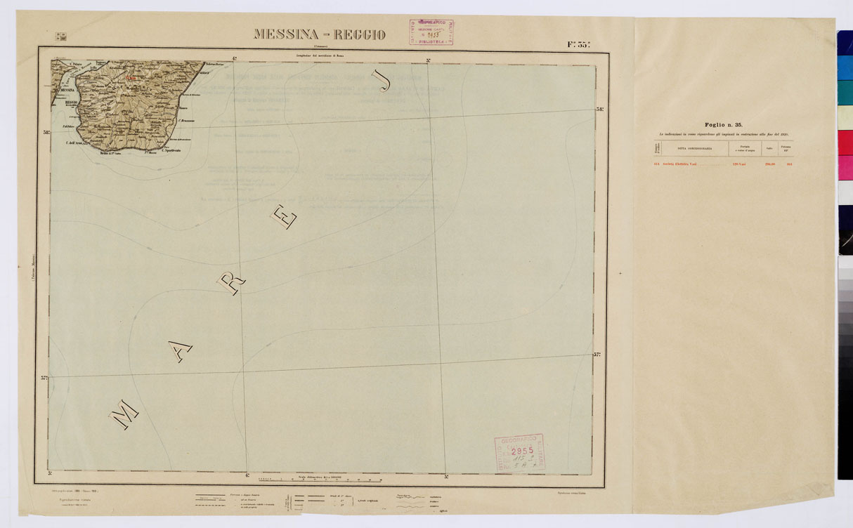 (N:1064) CARTA D'ITALIA CON LE INDICAZIONI DELLE CENTRALI PER LA PRODUZIONE DI ENERGIA ELETTRICA, ESISTENTI ED IN COSTRUZIONE A TUTTO LANNO 1920 - Foglio 55 MESSINA REGGIO (B0009092) Carte e stampe antiche: riproduzione a colori su carta (formato A1)