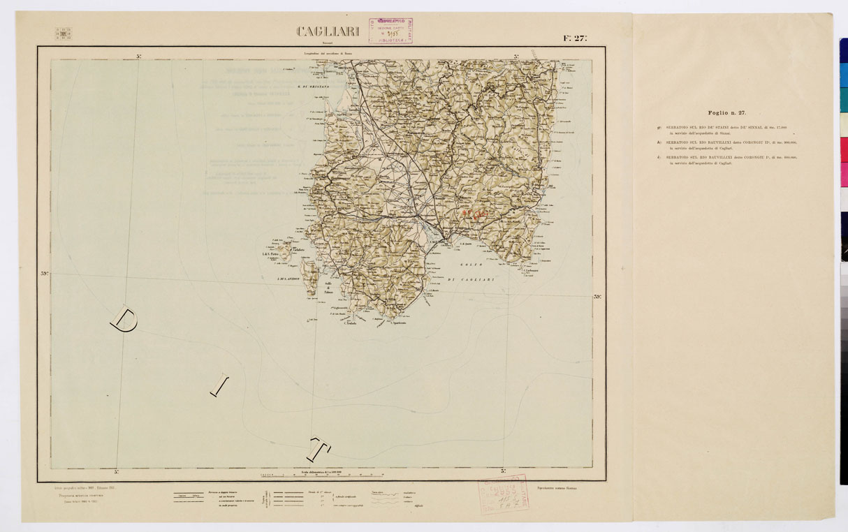 (N:1058) CARTA D'ITALIA CON LE INDICAZIONI DELLE CENTRALI PER LA PRODUZIONE DI ENERGIA ELETTRICA, ESISTENTI ED IN COSTRUZIONE A TUTTO LANNO 1920 - Foglio 27 CAGLIARI (B0009096) Carte e stampe antiche: riproduzione a colori su carta (formato A1)