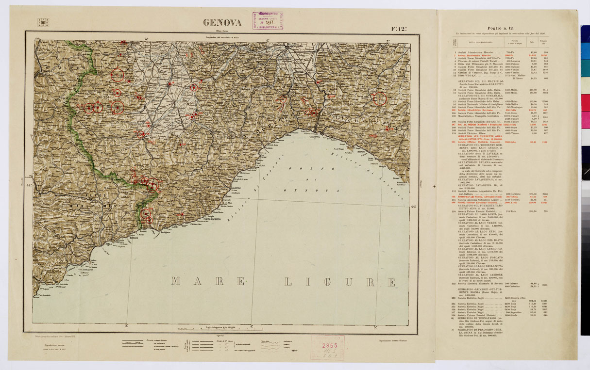(N:1048) CARTA D'ITALIA CON LE INDICAZIONI DELLE CENTRALI PER LA PRODUZIONE DI ENERGIA ELETTRICA, ESISTENTI ED IN COSTRUZIONE A TUTTO LANNO 1920 - Foglio 12 GENOVA (B0009106) Carte e stampe antiche: riproduzione a colori su carta (formato A1)