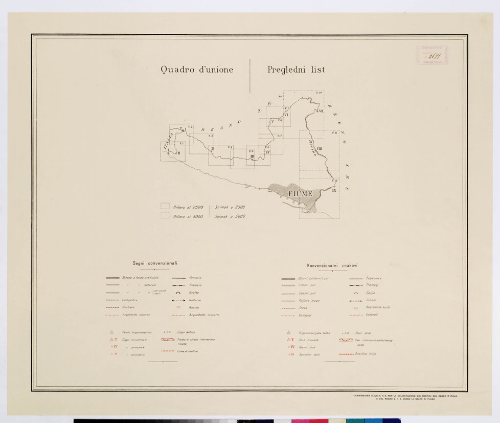 (N:15252) RILIEVO DELLA LINEA DI CONFINE DELLO STATO DI FIUME - QUADRO D'UNIONE (B0009199) Carte e stampe antiche: riproduzione a colori su carta (formato A1)