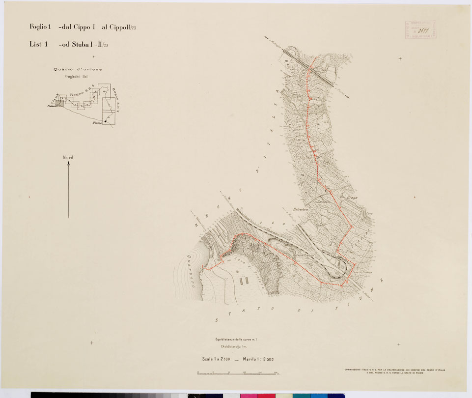 (N:15240) RILIEVO DELLA LINEA DI CONFINE DELLO STATO DI FIUME - Foglio 1 DAL CIPPO I AL CIPPO II/23 (B0009200) Carte e stampe antiche: riproduzione a colori su carta (formato A1)