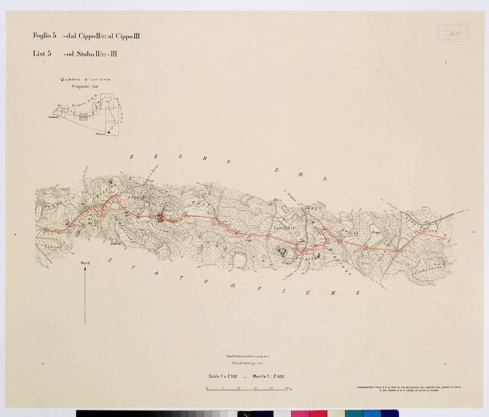 (N:15247) RILIEVO DELLA LINEA DI CONFINE DELLO STATO DI FIUME Inv. 2677 Pos. 16-A-6 Tot 13 Foglio 5 DAL CIPPO II/83 AL CIPPO III (B0009204) Carte e stampe antiche: riproduzione a colori su carta (formato A1)