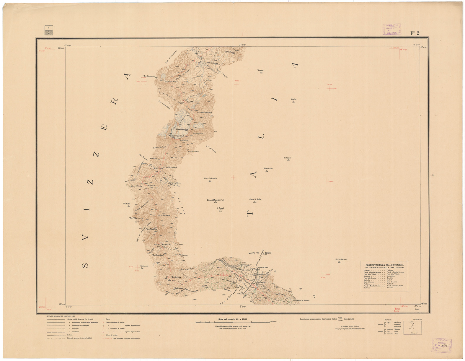 (N:3419) CARTA DELLA LINEA DI CONFINE E ZONE LIMITROFE SETTORE PIZ-LAT CIMA GARIBALDI - CONFINE ITALO SVIZZERO - Foglio 2 (B0009265) Carte e stampe antiche: riproduzione a colori su carta (formato A1)