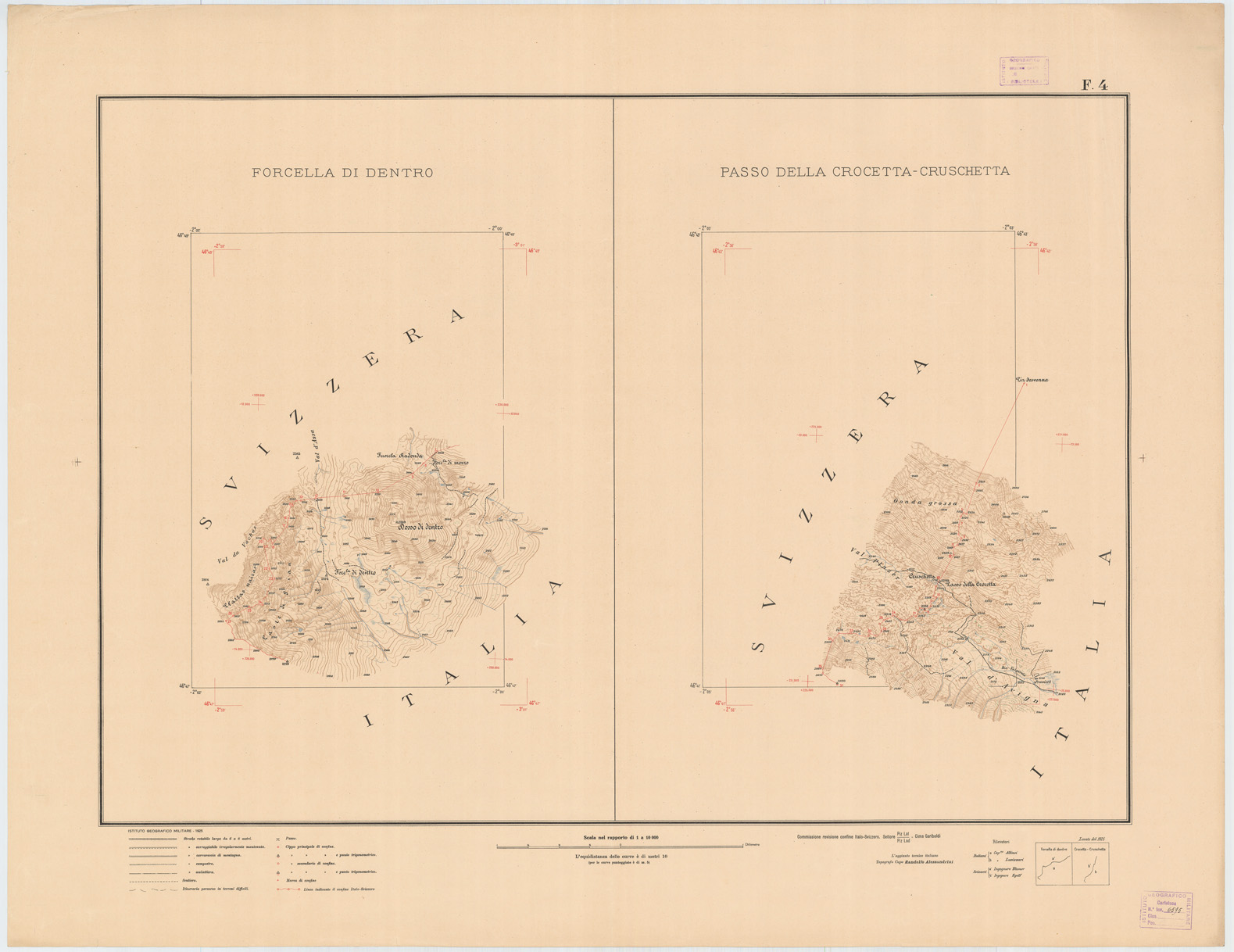 (N:3423) CARTA DELLA LINEA DI CONFINE E ZONE LIMITROFE SETTORE PIZ-LAT CIMA GARIBALDI - CONFINE ITALO SVIZZERO - Foglio 4 FORCELLA DI DENTRO - PASSO DELLA CROCETTA-CRUSCHETTA (B0009269) Carte e stampe antiche: riproduzione a colori su carta (formato A1)