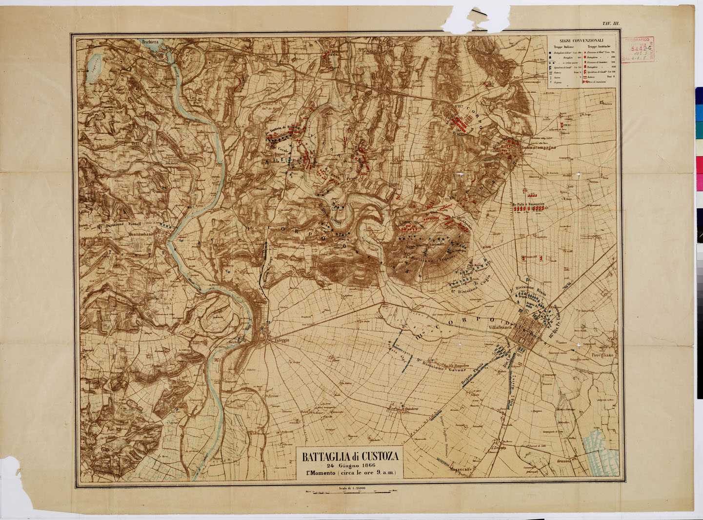 (N:16435) TEATRO DELLA GUERRA - BATTAGLIA DI CUSTOZA -24/6/1866 (1 E 2 MOMENTO) - Tavola III (B0009283) Carte e stampe antiche: riproduzione a colori su carta (formato A1)