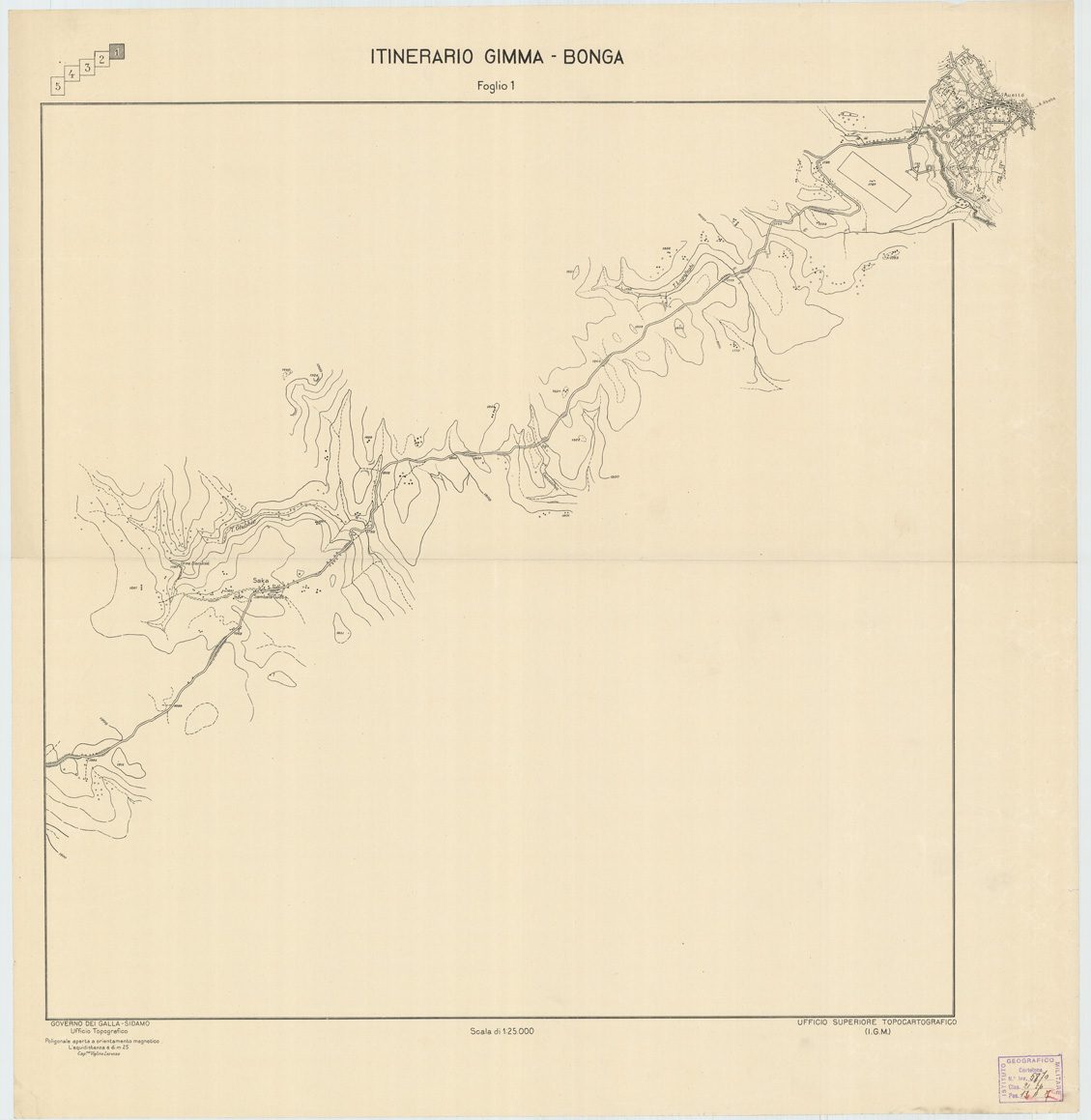 (N:11086) ITINERARIO GIMMA-BOMGA - Governo dei Galla Sidamo - Foglio 1 (B0009296) Carte e stampe antiche: riproduzione a colori su carta (formato A1)