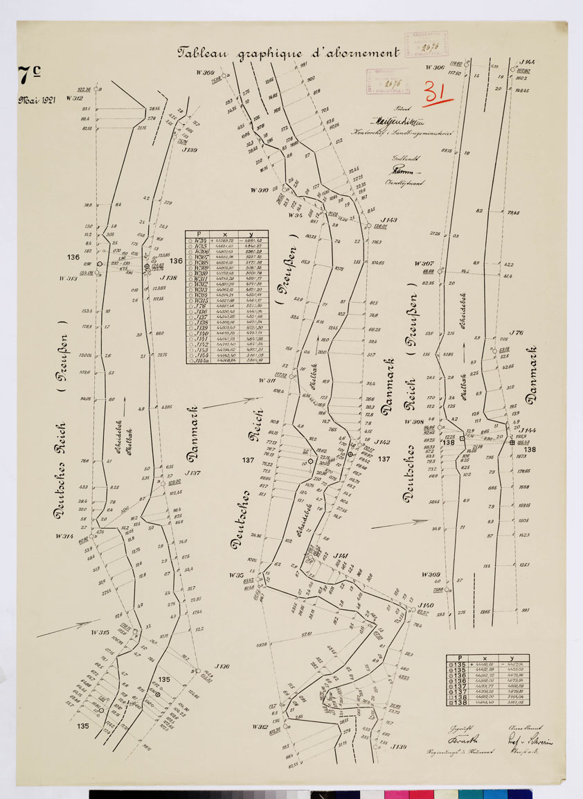 (N:8391) CARTE DE LA FRONTIERE ENTRE L'ALLEMAGNE (PRUSSE) ET LE DANEMARK - E TABLIE PAR LA COMMISSION DE DELIMITATION.  - TABLEAU GRAPHIQUE D'ABORNEMENT - Foglio 31 (B0009334) Carte e stampe antiche: riproduzione a colori su carta (formato A1)