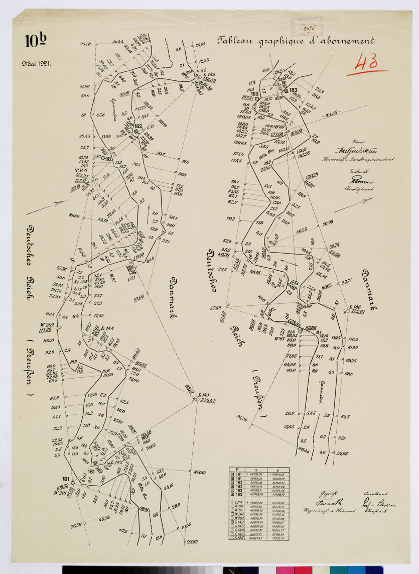 (N:8403) CARTE DE LA FRONTIERE ENTRE L'ALLEMAGNE (PRUSSE) ET LE DANEMARK - E TABLIE PAR LA COMMISSION DE DELIMITATION - TABLEAU GRAPHIQUE D'ABORNEMENT - Foglio 43 (B0009346) Carte e stampe antiche: riproduzione a colori su carta (formato A1)
