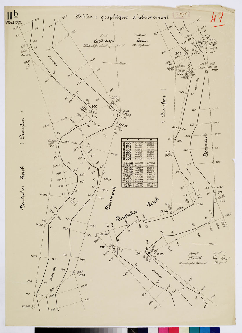 (N:8409) CARTE DE LA FRONTIERE ENTRE L'ALLEMAGNE (PRUSSE) ET LE DANEMARK - E TABLIE PAR LA COMMISSION DE DELIMITATION - TABLEAU GRAPHIQUE D'ABORNEMENT - Foglio 49 (B0009352) Carte e stampe antiche: riproduzione a colori su carta (formato A1)