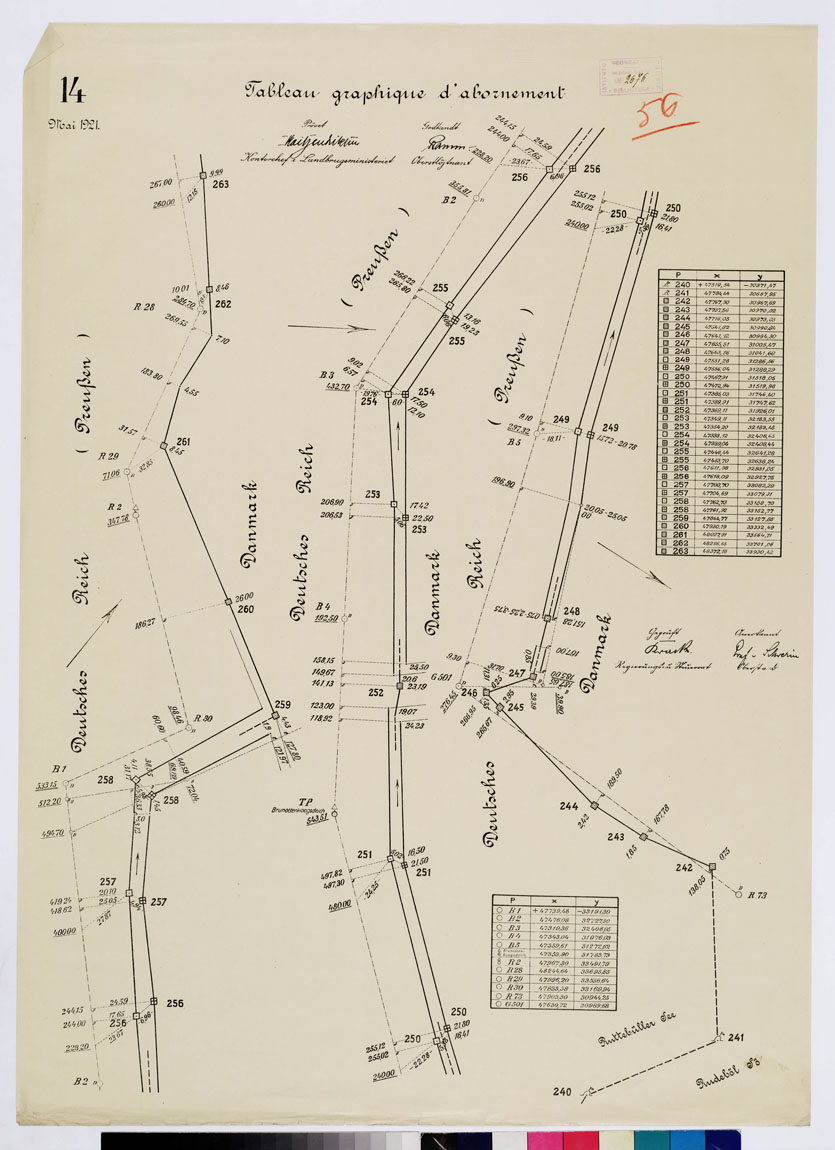 (N:8416) CARTE DE LA FRONTIERE ENTRE L'ALLEMAGNE (PRUSSE) ET LE DANEMARK - E TABLIE PAR LA COMMISSION DE DELIMITATION - TABLEAU GRAPHIQUE D'ABORNEMENT - Foglio 56 (B0009359) Carte e stampe antiche: riproduzione a colori su carta (formato A1)