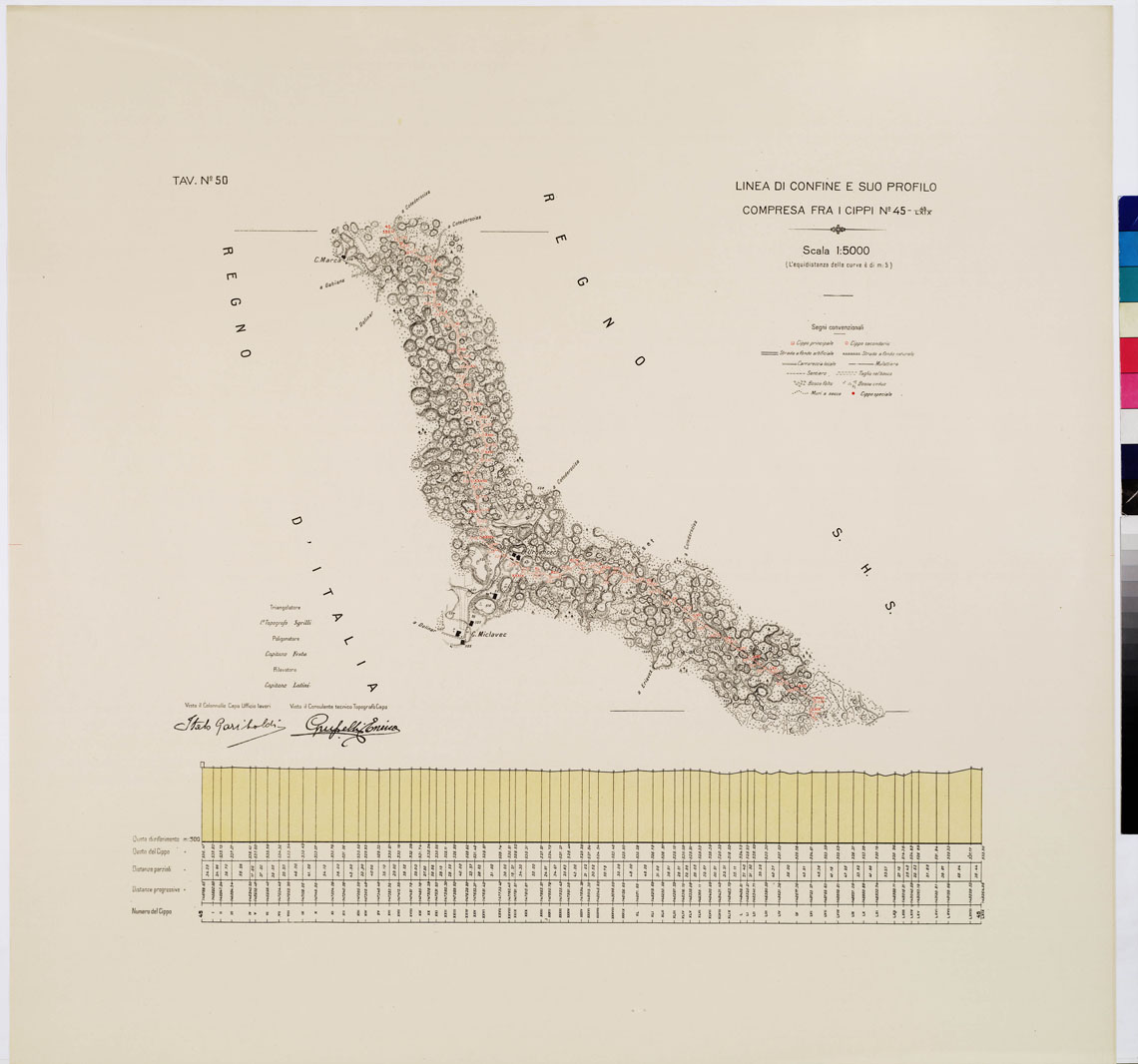 (N:8971) COMMISSIONE ITALO - S.H.S. PER LA DELIMITAZIONE E I CONFINI FRA IL REGNO DITALIA E IL REGNO S.H.S. RILIEVO DI CONFINE E SUO PROFILO - Tavola 50 (B0009454) Carte e stampe antiche: riproduzione a colori su carta (formato A1)