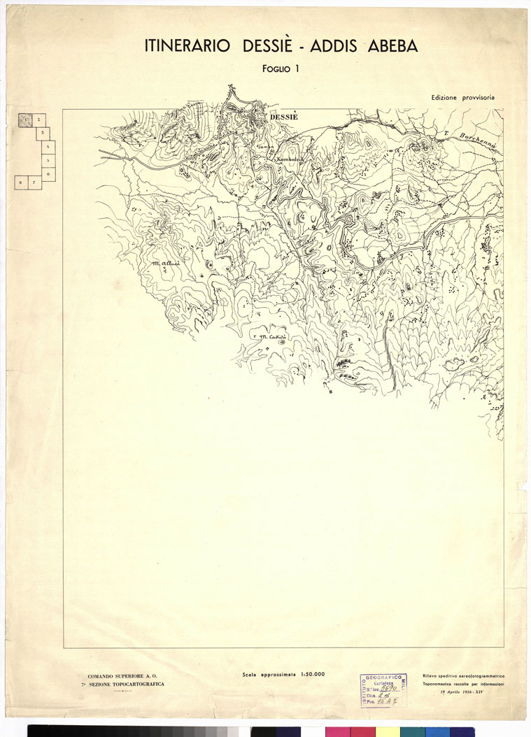 (N:17990) ITINERARIO QUORAM DESSIE' ( 7 fogli) + ITINERARIO DESSIE' - ADDIS ABEBA (3 fogli) - Foglio 1 (B0009695) Carte e stampe antiche: riproduzione a colori su carta (formato A1)