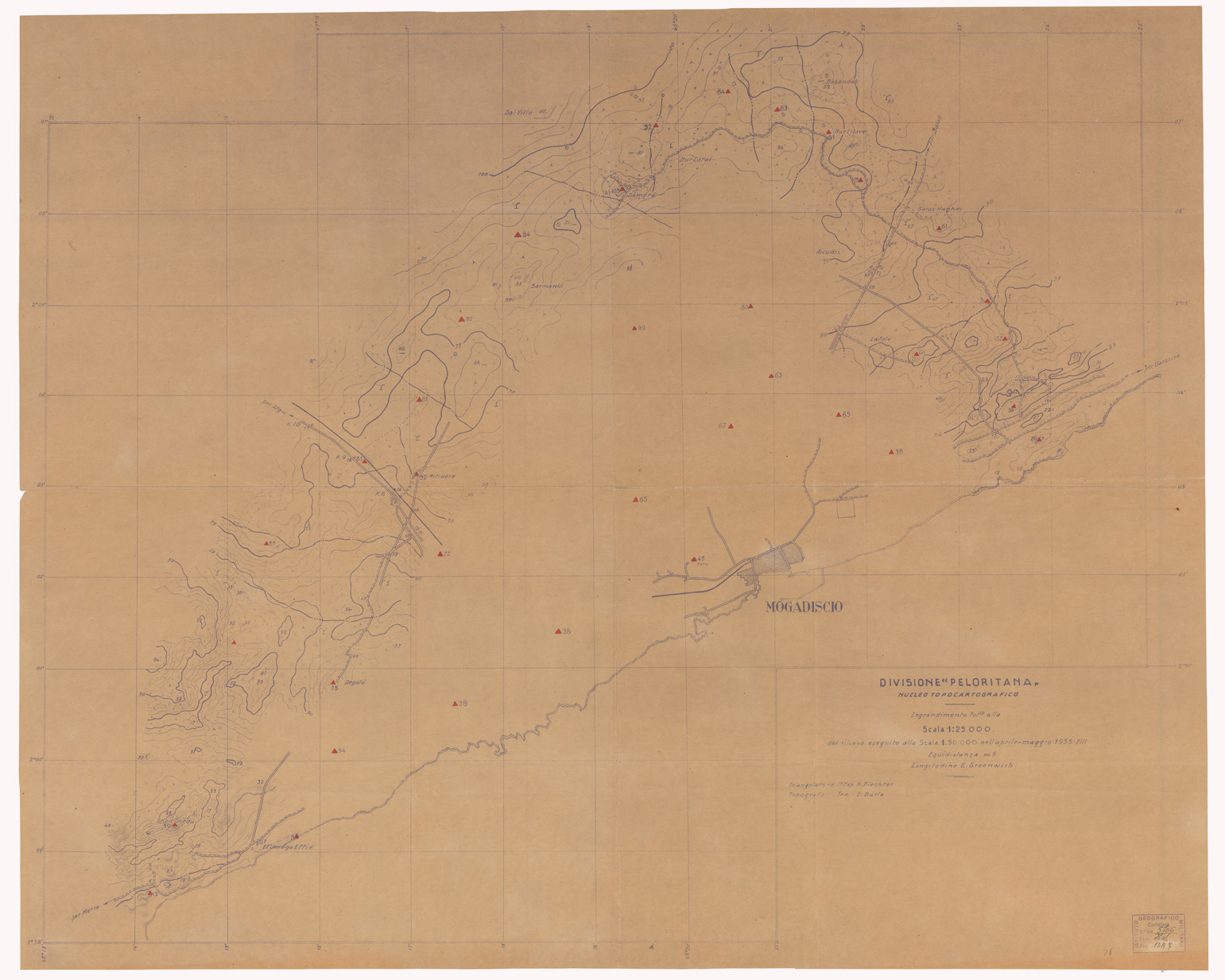 (N:15234) RILIEVI DI MOGADISCIO DIVISIONE "PELORITANA"- NUCLEO TOPOCARTOGRAFICO (B0009862) Carte e stampe antiche: riproduzione a colori su carta (formato A1)
