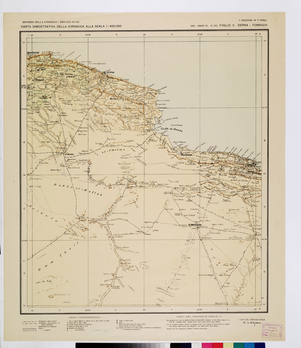 (N:4156) CARTA DIMOSTRATIVA DELLA CIRENAICA - Foglio 2 - Derna -Tobruch (B0009900) Carte e stampe antiche: riproduzione a colori su carta (formato A1)