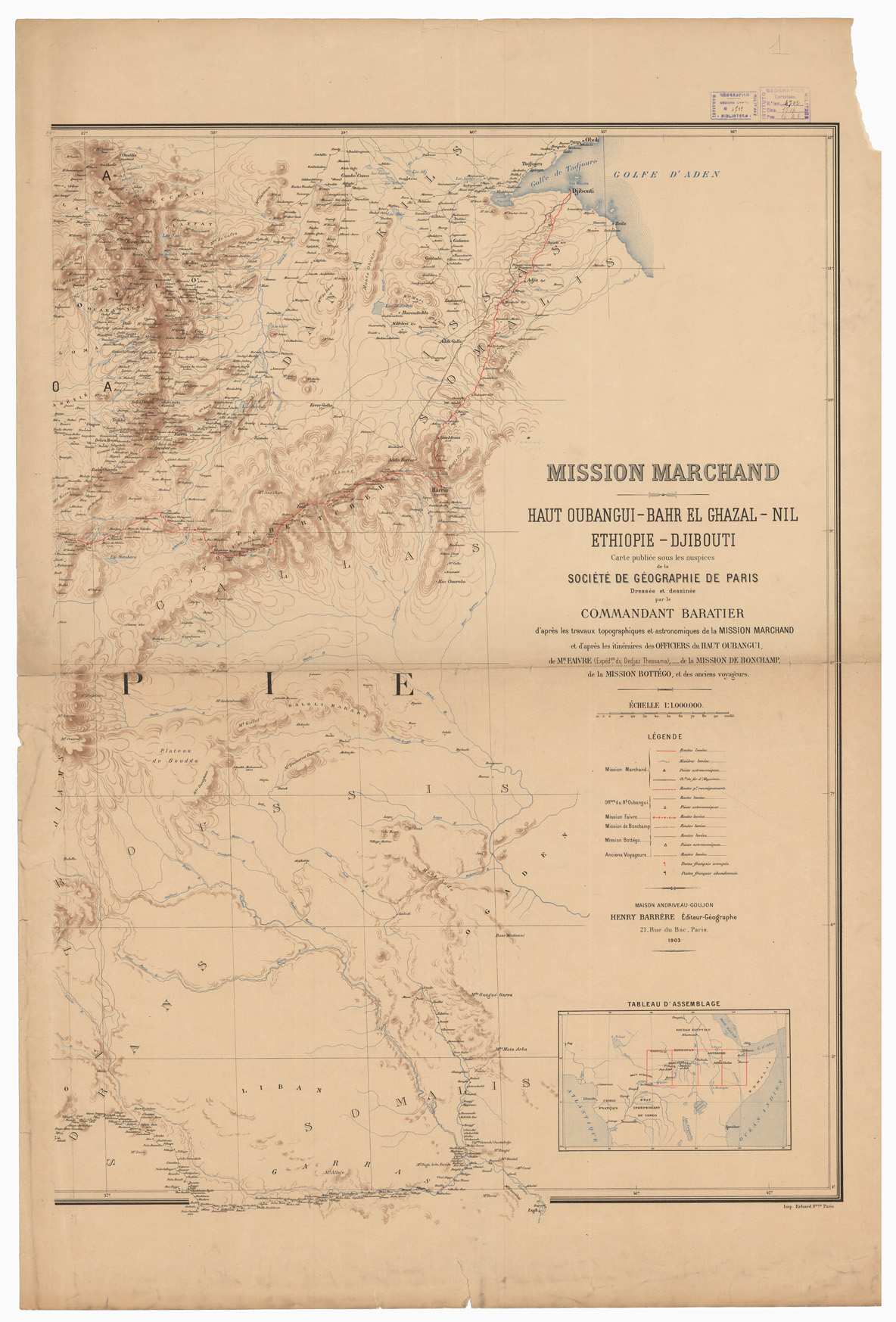 (N:12837) MISSION MARCHAUD HAUT OUBANGUI - BAHR EL GHAZAL - NIL ETHIOPIE - DJIBOUTI - Foglio 1 (B0009923) Carte e stampe antiche: riproduzione a colori su carta (formato A1)