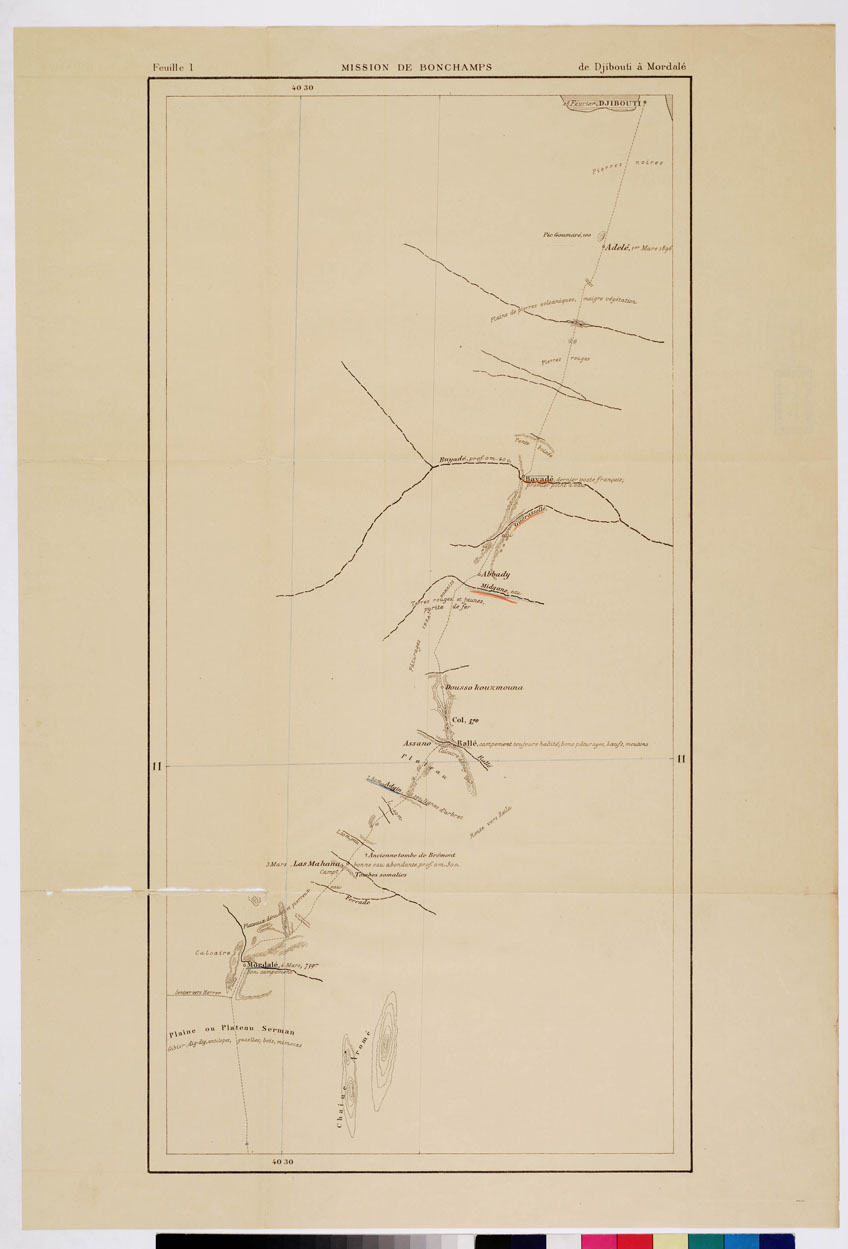 (N:12818) MISSION DE BONCHAMPS DE DJIBOUTI AU NIL BLANC D'APRES LES TRAVAUX DE M.RS L. BARTHOLIN, CH. MICHEL, FAIVRE ET M. POTTER. CARTE D'ENSEMBLE PAR CH. MICHEL SECOND DE LA MISSION 1897 - 1898 DESSIN DE J. HANSEN - Foglio 1 - Da Gibuti a Mordal (B0010173) Carte e stampe antiche: riproduzione a colori su carta (formato A1)
