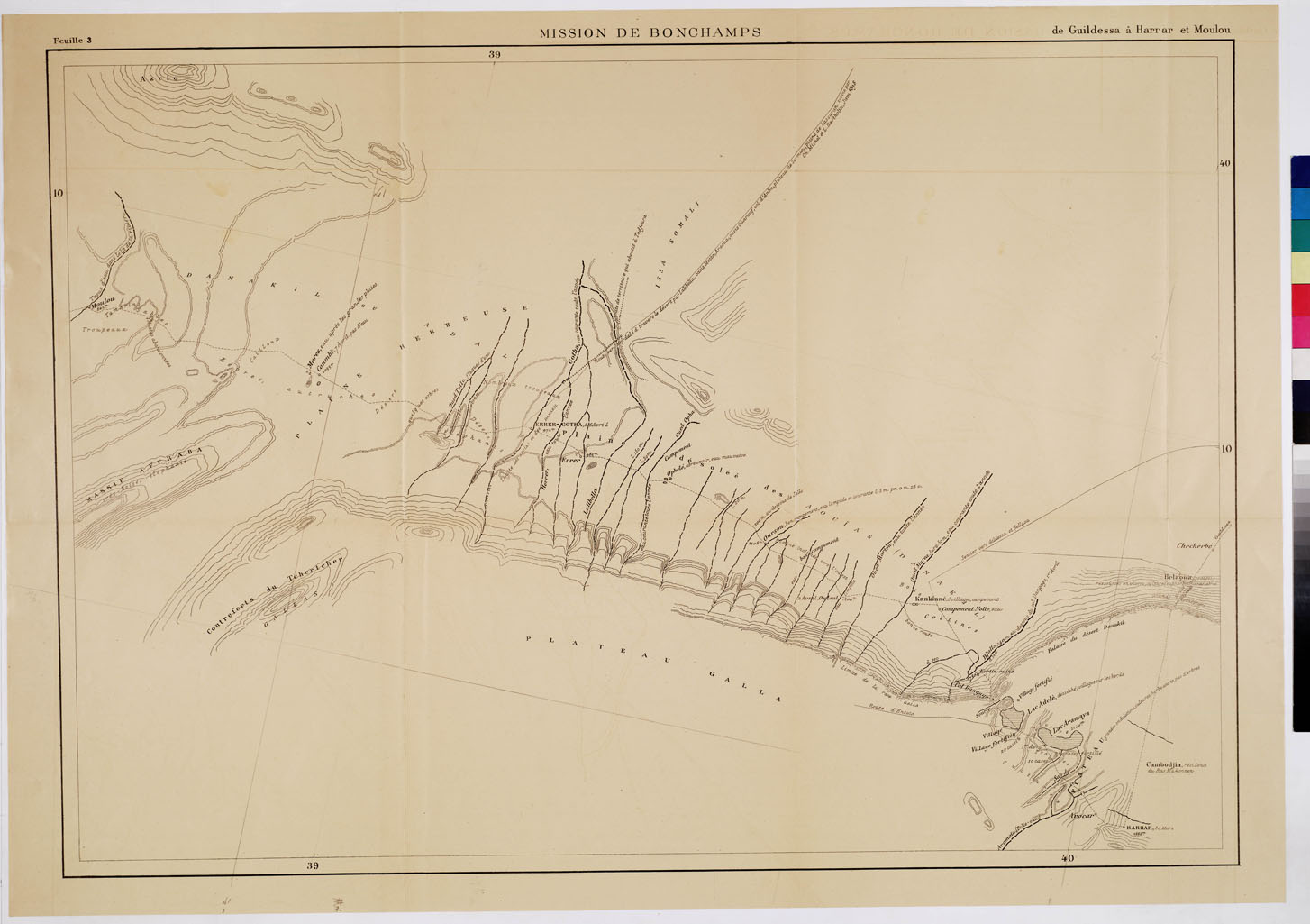 (N:12826) MISSION DE BONCHAMPS DE DJIBOUTI AU NIL BLANC D'APRES LES TRAVAUX DE M.RS L. BARTHOLIN, CH. MICHEL, FAIVRE ET M. POTTER. CARTE D'ENSEMBLE PAR CH. MICHEL SECOND DE LA MISSION 1897 - 1898 DESSIN DE J. HANSEN - Foglio 3 - Da Guildessa a Harrar e Moulou (B0010175) Carte e stampe antiche: riproduzione a colori su carta (formato A1)