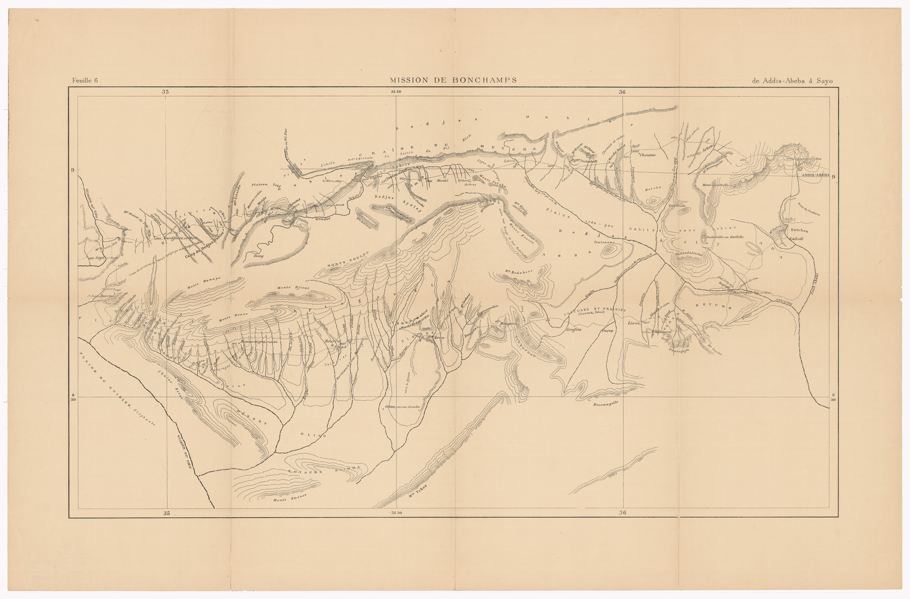 (N:12829) MISSION DE BONCHAMPS DE DJIBOUTI AU NIL BLANC D'APRES LES TRAVAUX DE M.RS L. BARTHOLIN, CH. MICHEL, FAIVRE ET M. POTTER. CARTE D'ENSEMBLE PAR CH. MICHEL SECOND DE LA MISSION 1897 - 1898 DESSIN DE J. HANSEN - Foglio 6 - Da Addis Abeba a Sayo (B0010178) Carte e stampe antiche: riproduzione a colori su carta (formato A1)